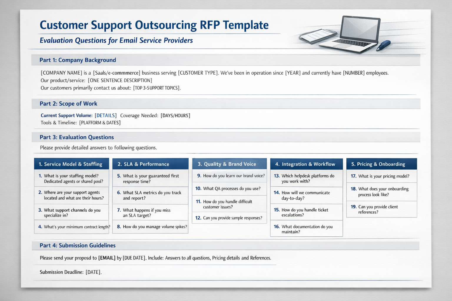 Customer support outsourcing RFP template document showing evaluation questions for email service providers