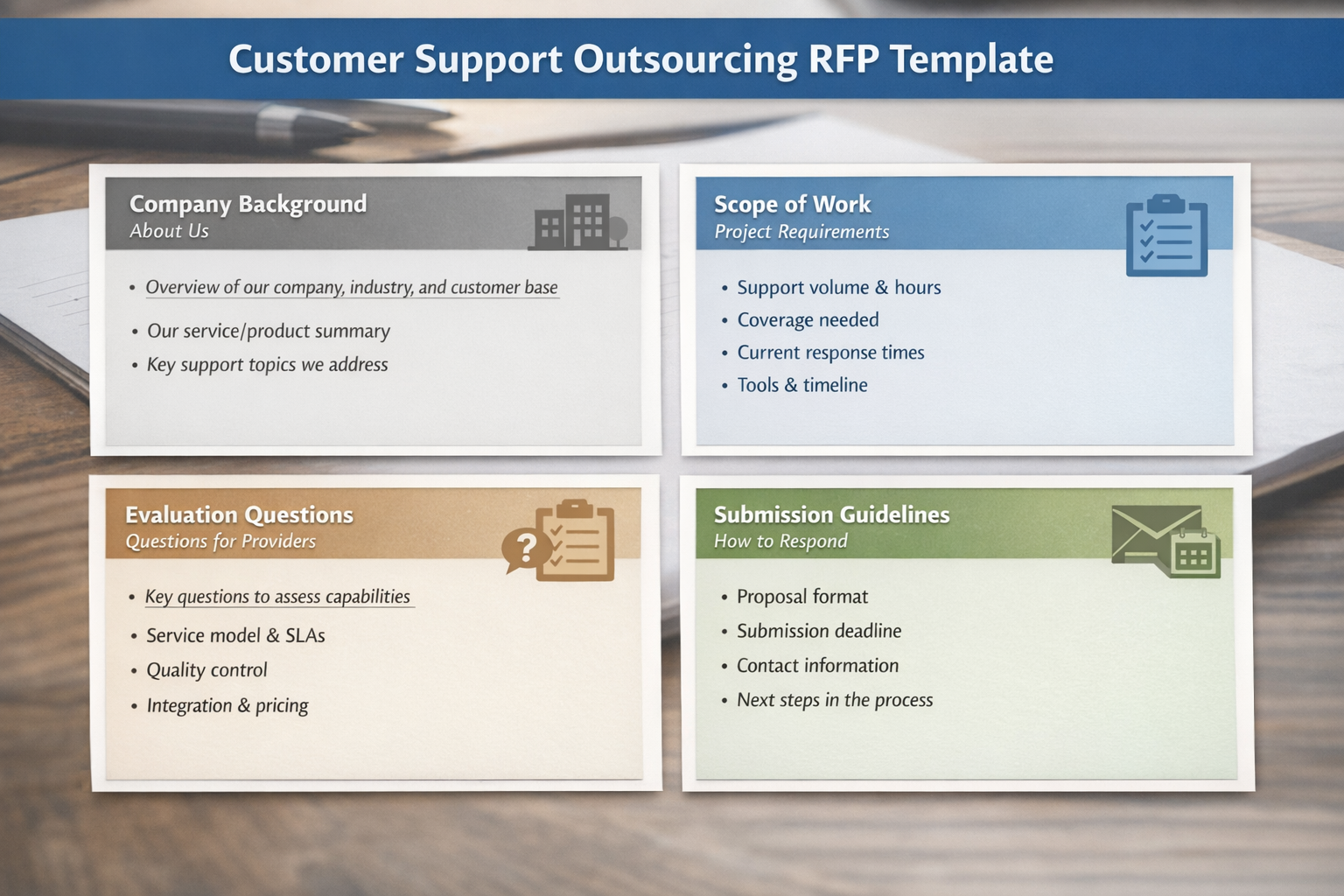 Customer Support Outsourcing RFP Document Structure Customer support outsourcing RFP template showing four essential sections including company background and evaluation questions