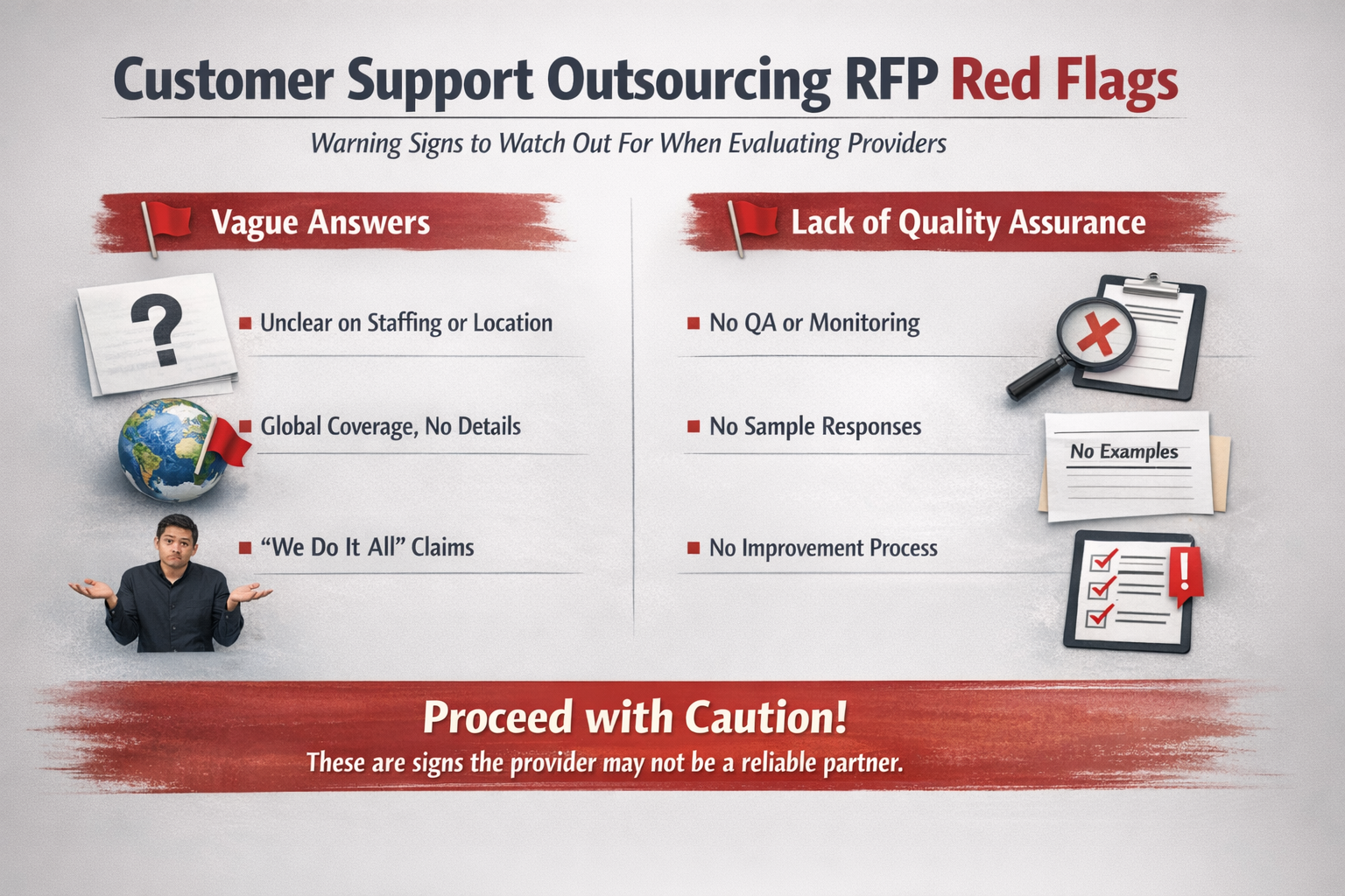 Customer Support Outsourcing Red Flags to Avoid Customer support outsourcing RFP red flags including vague answers and lack of quality assurance