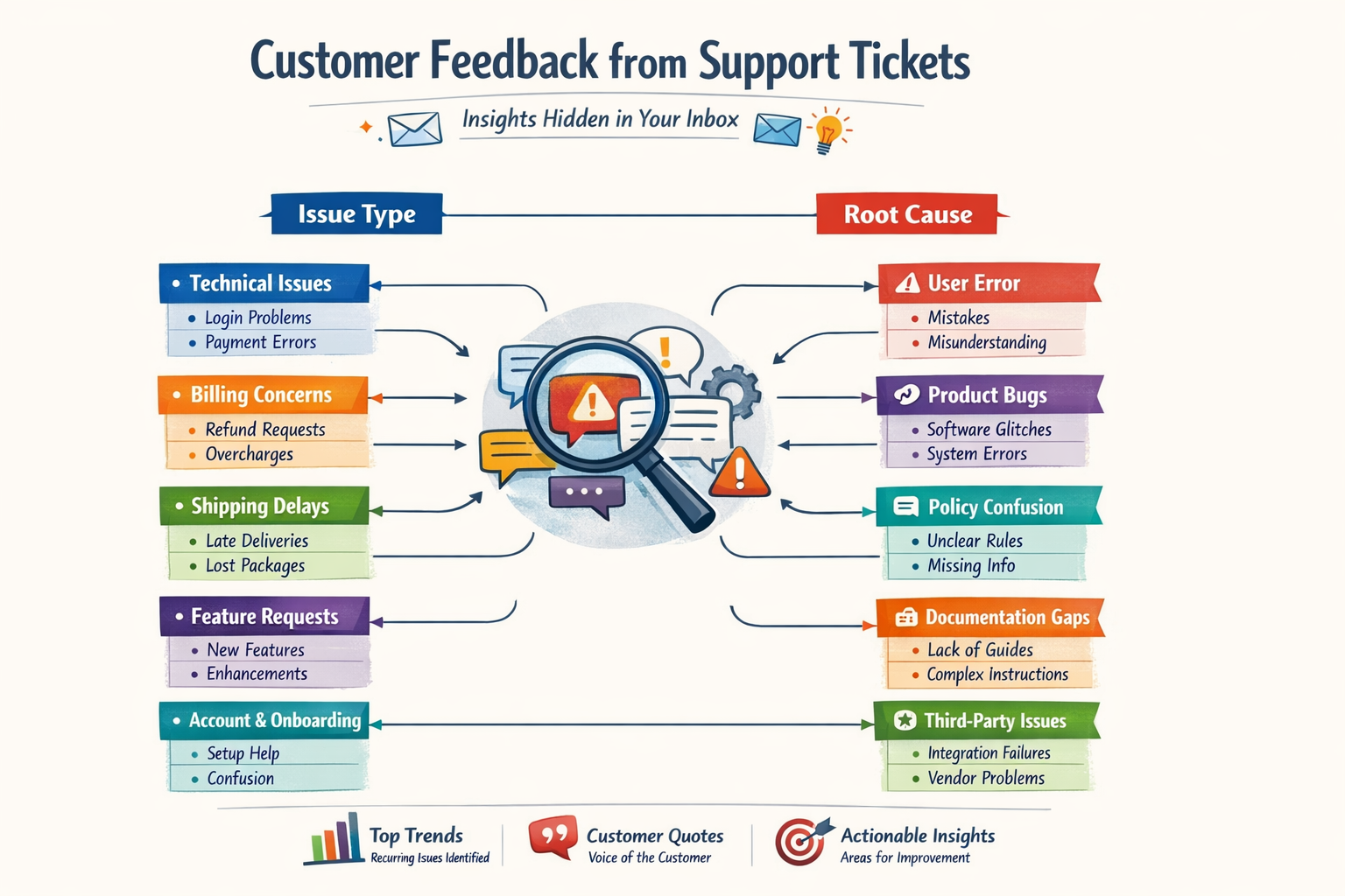 Customer Feedback Tagging System for Support Ticket Analysis Hierarchical chart showing customer feedback from support tickets organized by issue type and root cause