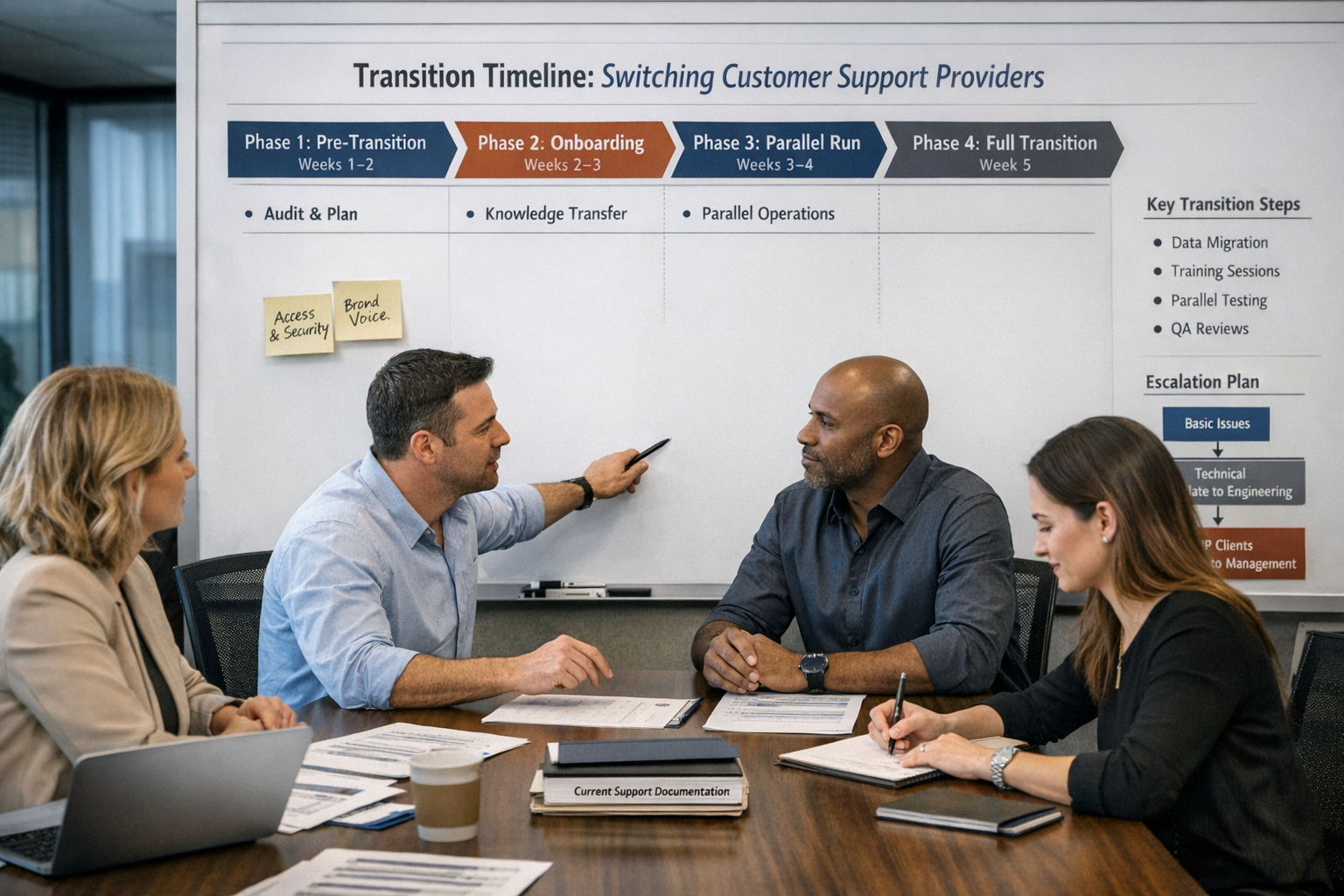Business team planning how to switch customer support providers using transition timeline and documentation