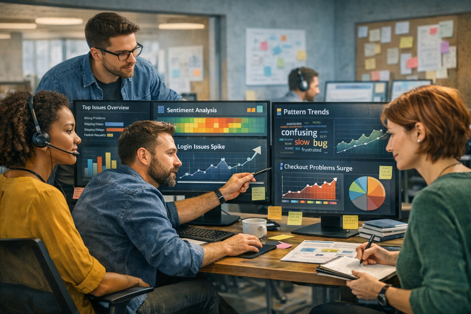 Support team analyzing customer feedback from support tickets on computer screens with pattern recognition charts