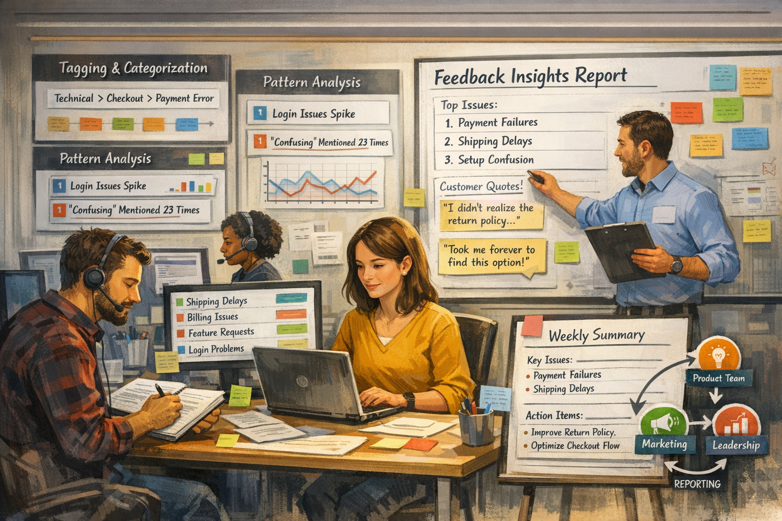 Outsourced Support Team Capturing Customer Feedback and Insights Professional support agents documenting customer feedback from support tickets in structured format