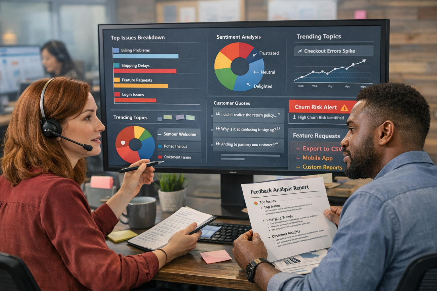 Support Team Analyzing Customer Feedback Patterns from Support Tickets Customer support agents reviewing customer feedback from support tickets with data visualization dashboard