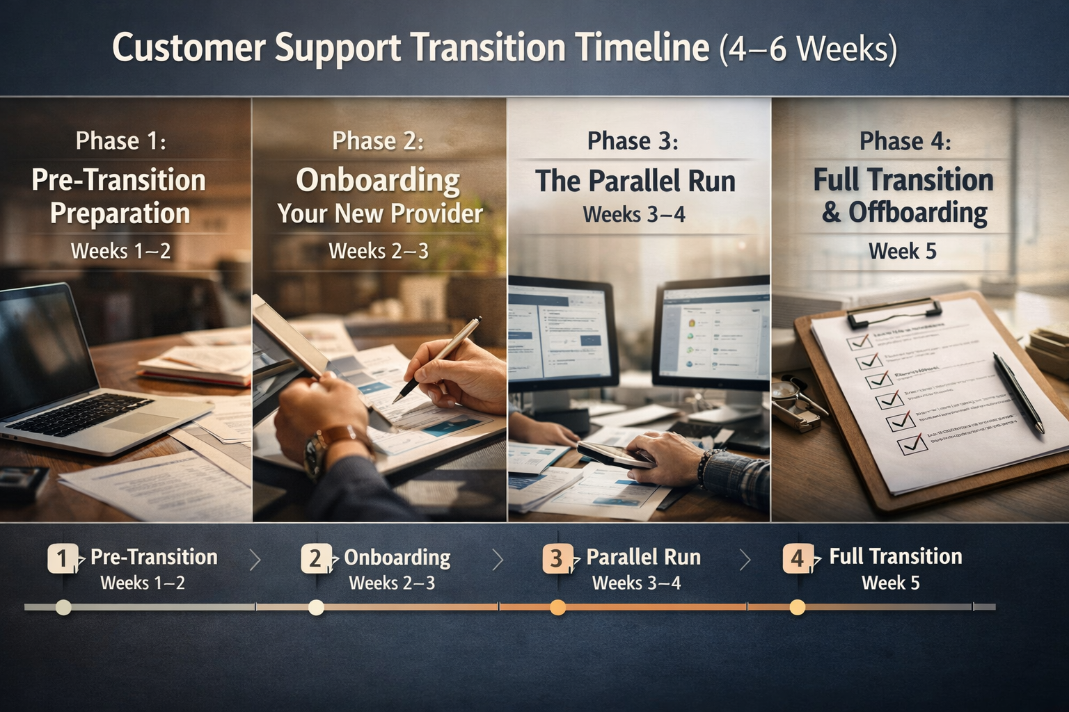 Customer Support Provider Transition Timeline With Four Phases Visual timeline showing four phases to switch customer support providers over four to six weeks