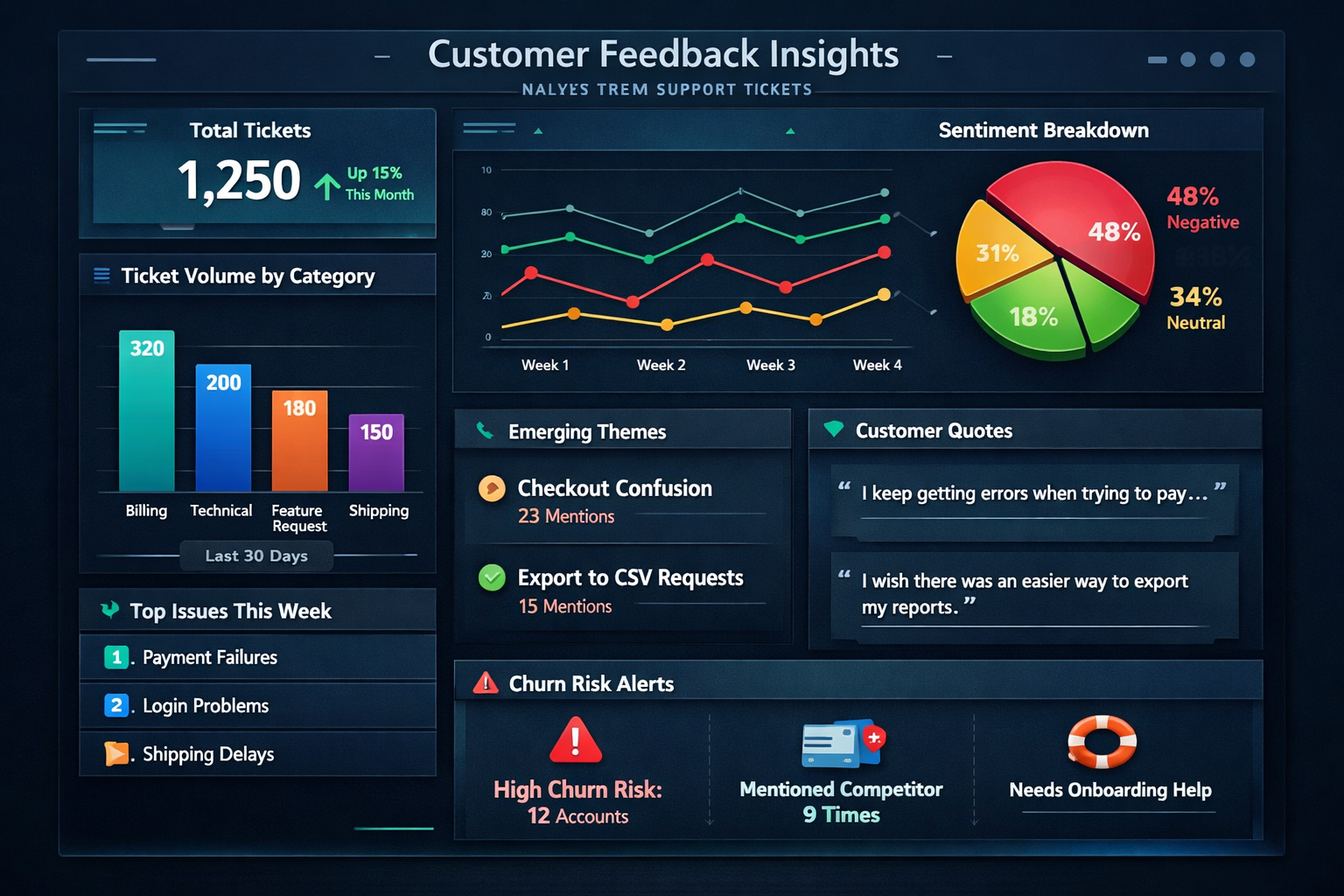 Analytics dashboard displaying customer feedback trends from support tickets with volume and sentiment metrics