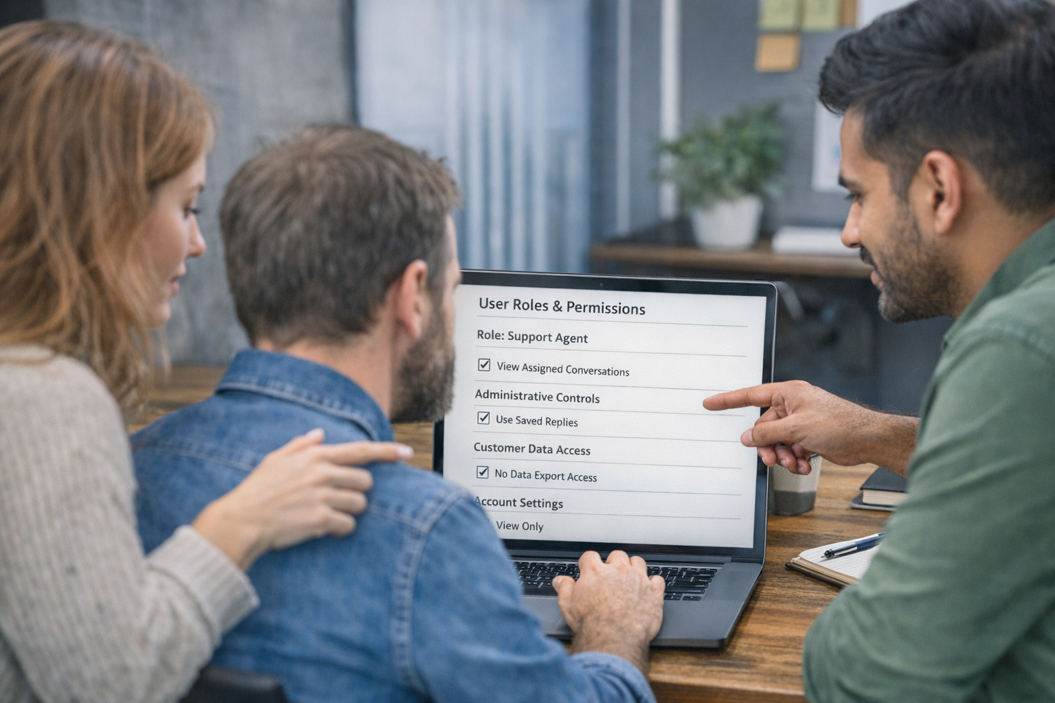 Small team configuring help desk permissions and user roles on laptop for secure customer support access