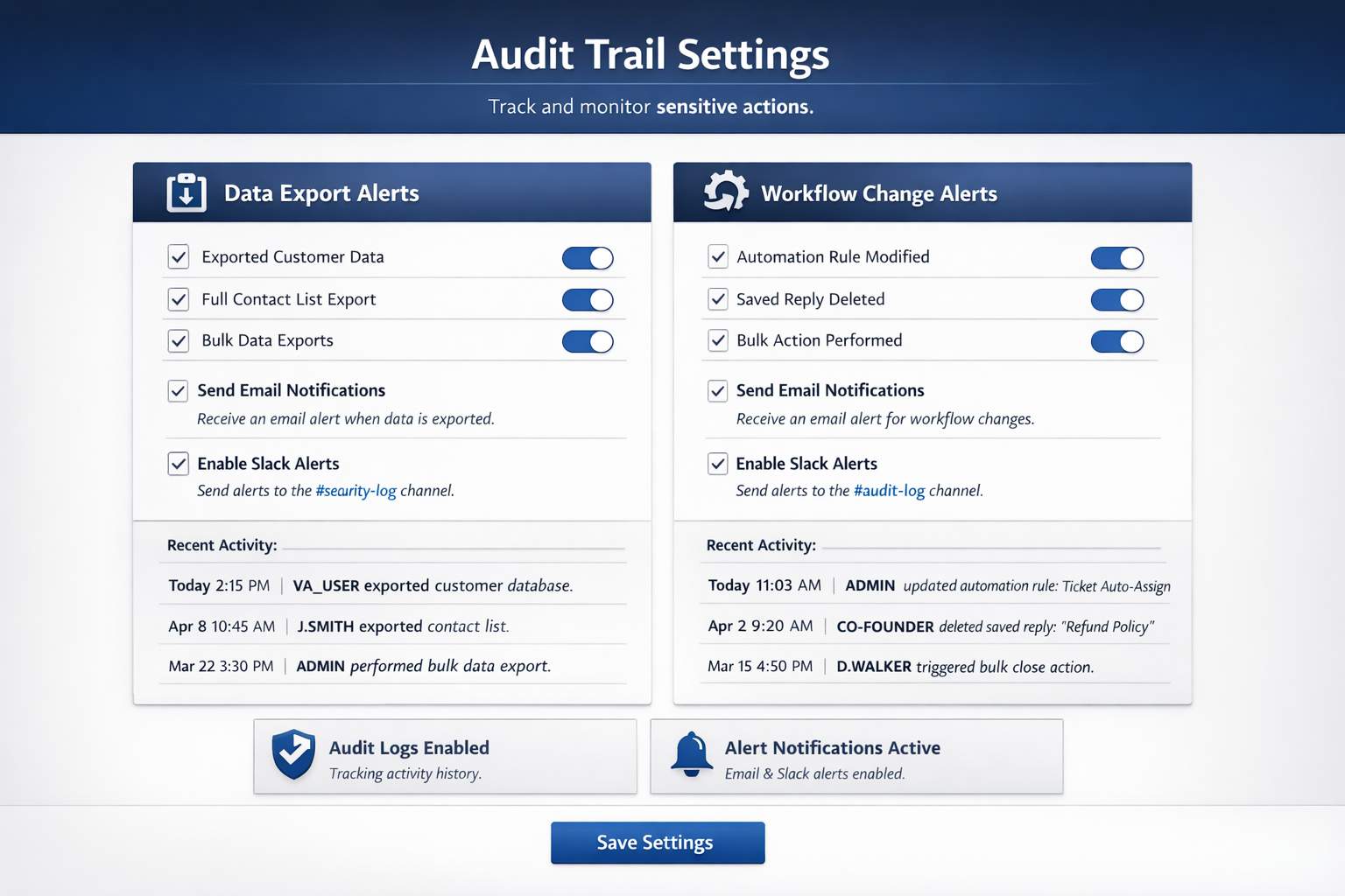 elp desk permissions audit trail settings showing data export and workflow change notifications
