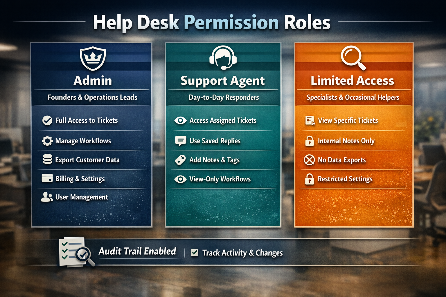 Diagram showing three help desk permission roles: Admin, Support Agent, and Limited Access