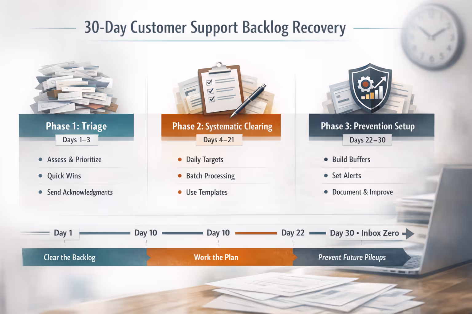 30-Day Customer Support Backlog Recovery Framework Timeline Timeline showing the three phases of customer support backlog recovery over 30 days