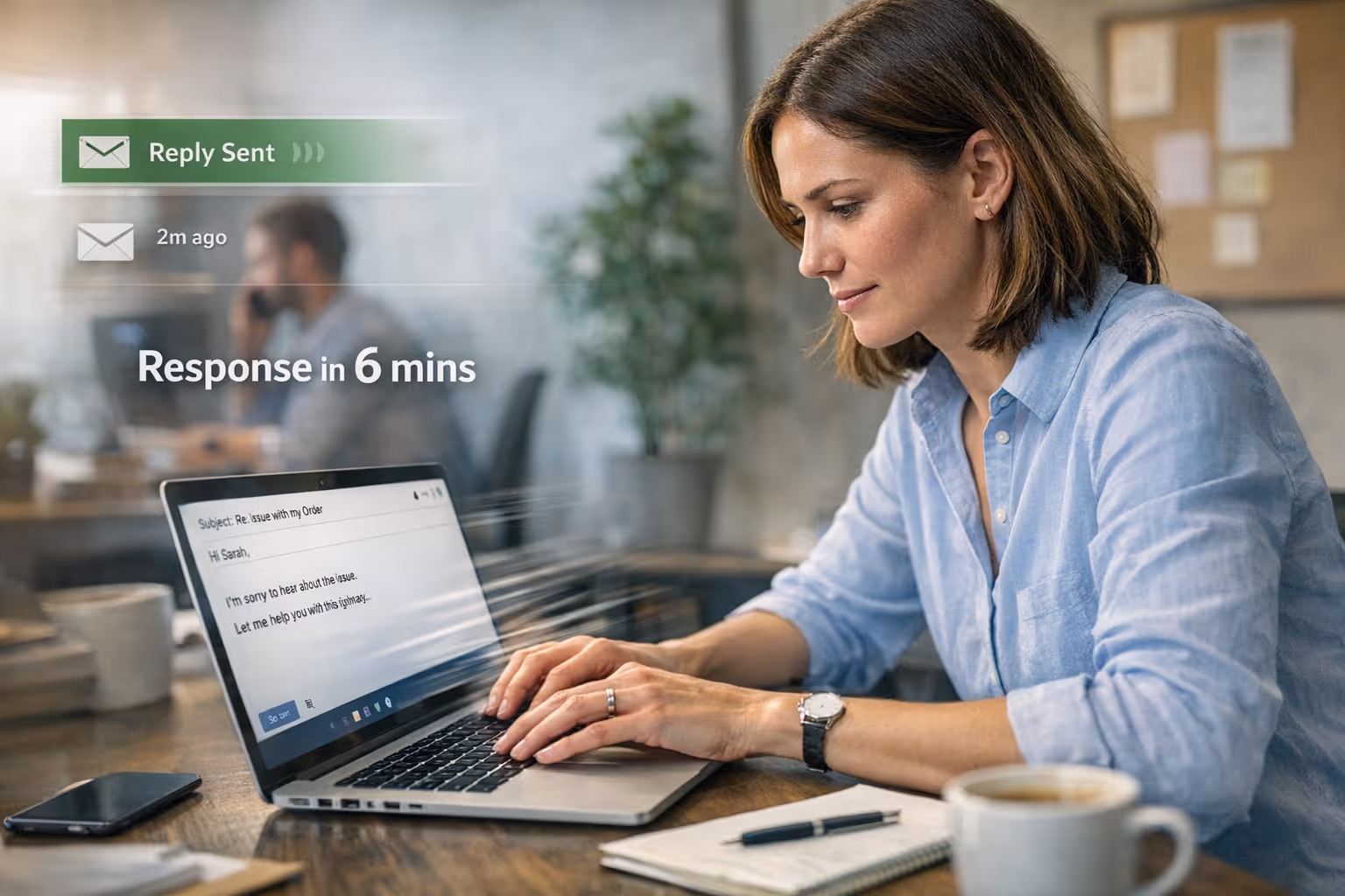 Fast customer support response times create competitive advantage for small businesses Customer support agent responding quickly to email creating competitive advantage through speed