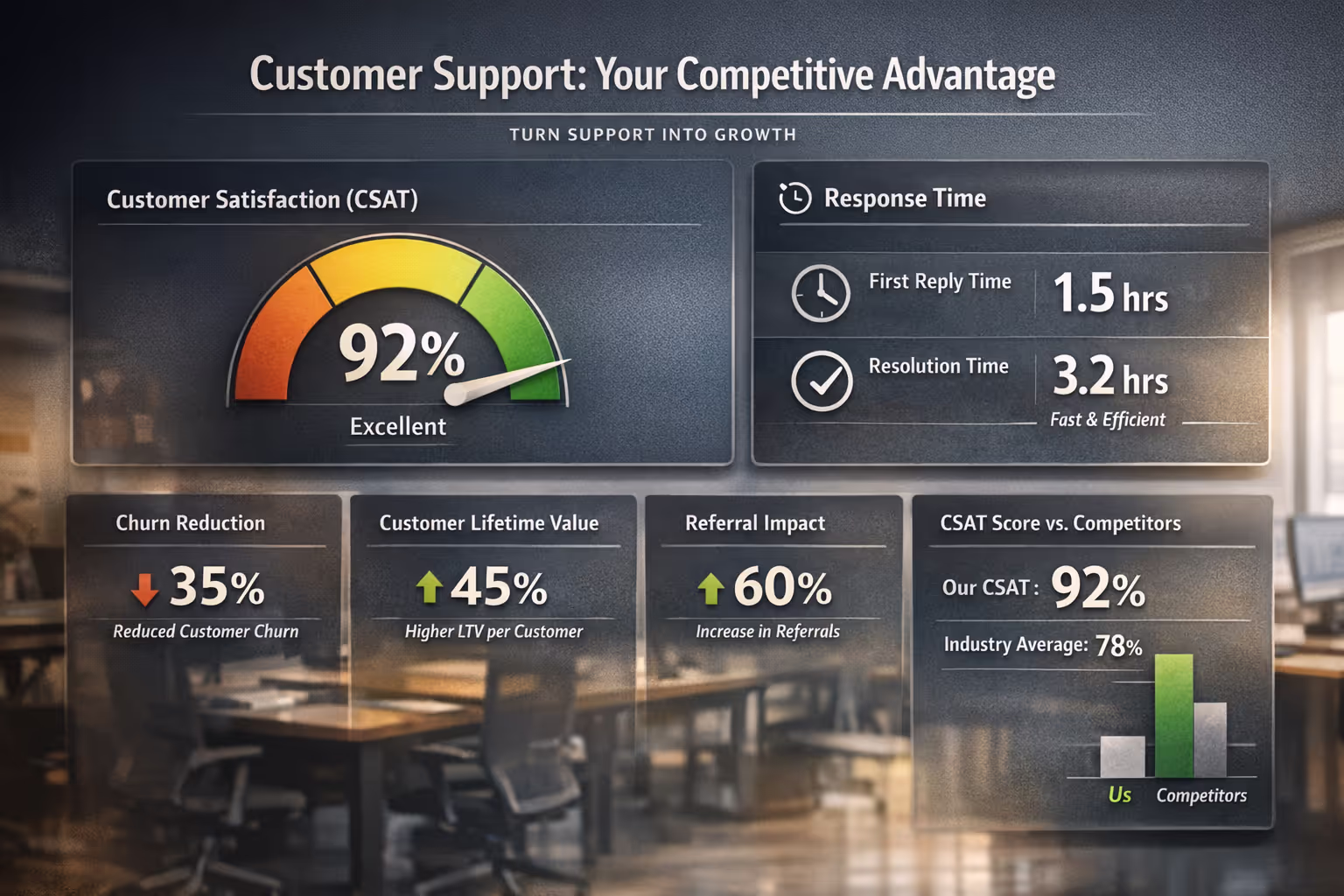 Customer support metrics dashboard showing response time and satisfaction scores Dashboard displaying customer support competitive advantage metrics including CSAT and response time