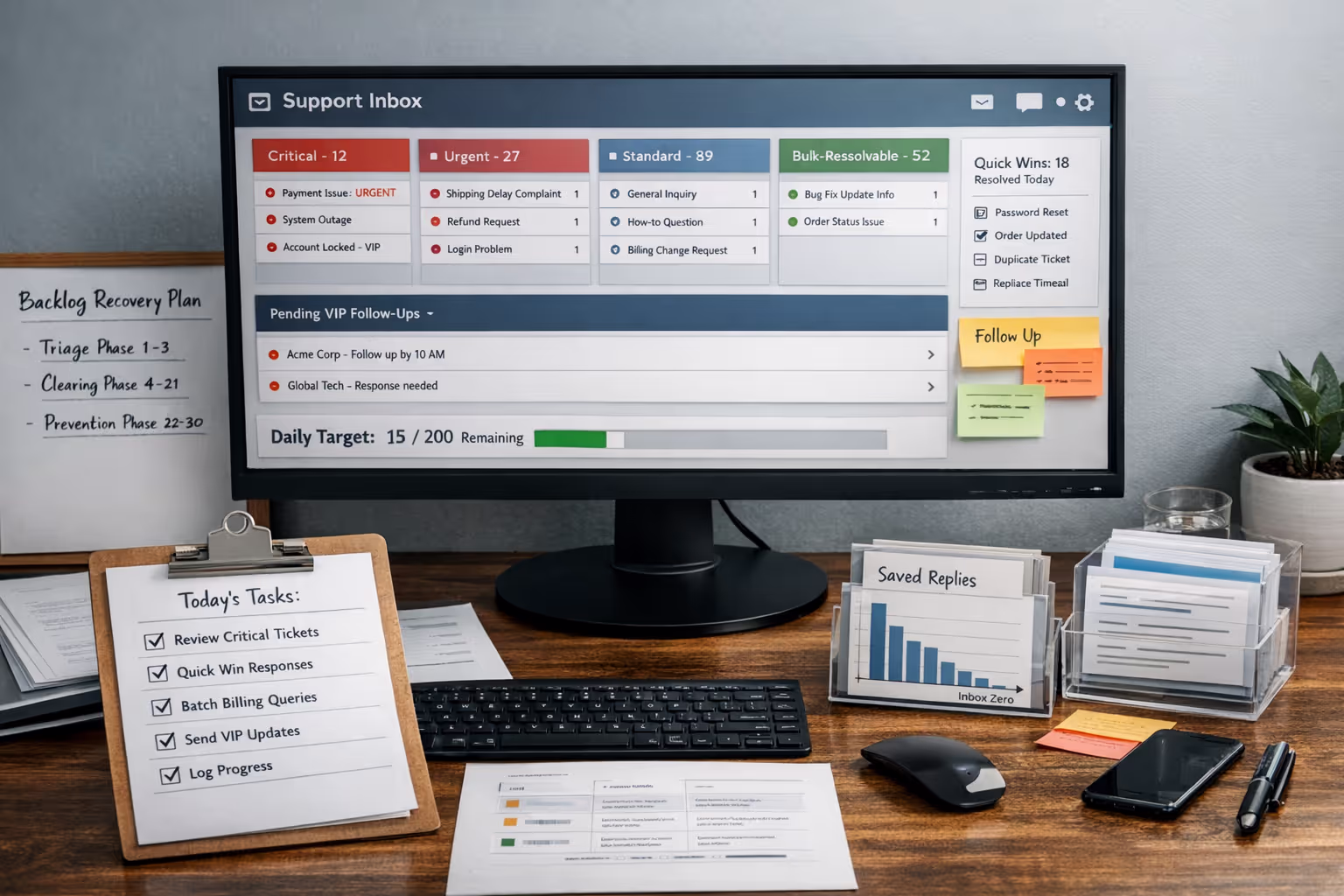 Organized customer support backlog inbox showing systematic ticket clearing and management