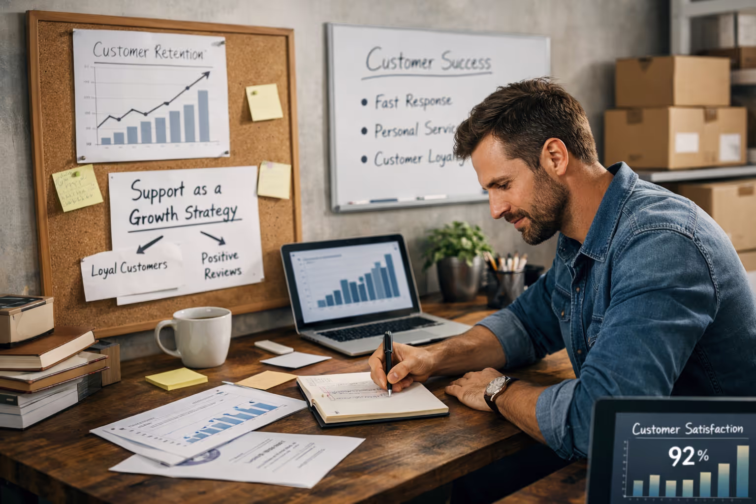 Small business customer support strategy driving growth and retention Small business owner implementing customer support competitive advantage strategy for growth