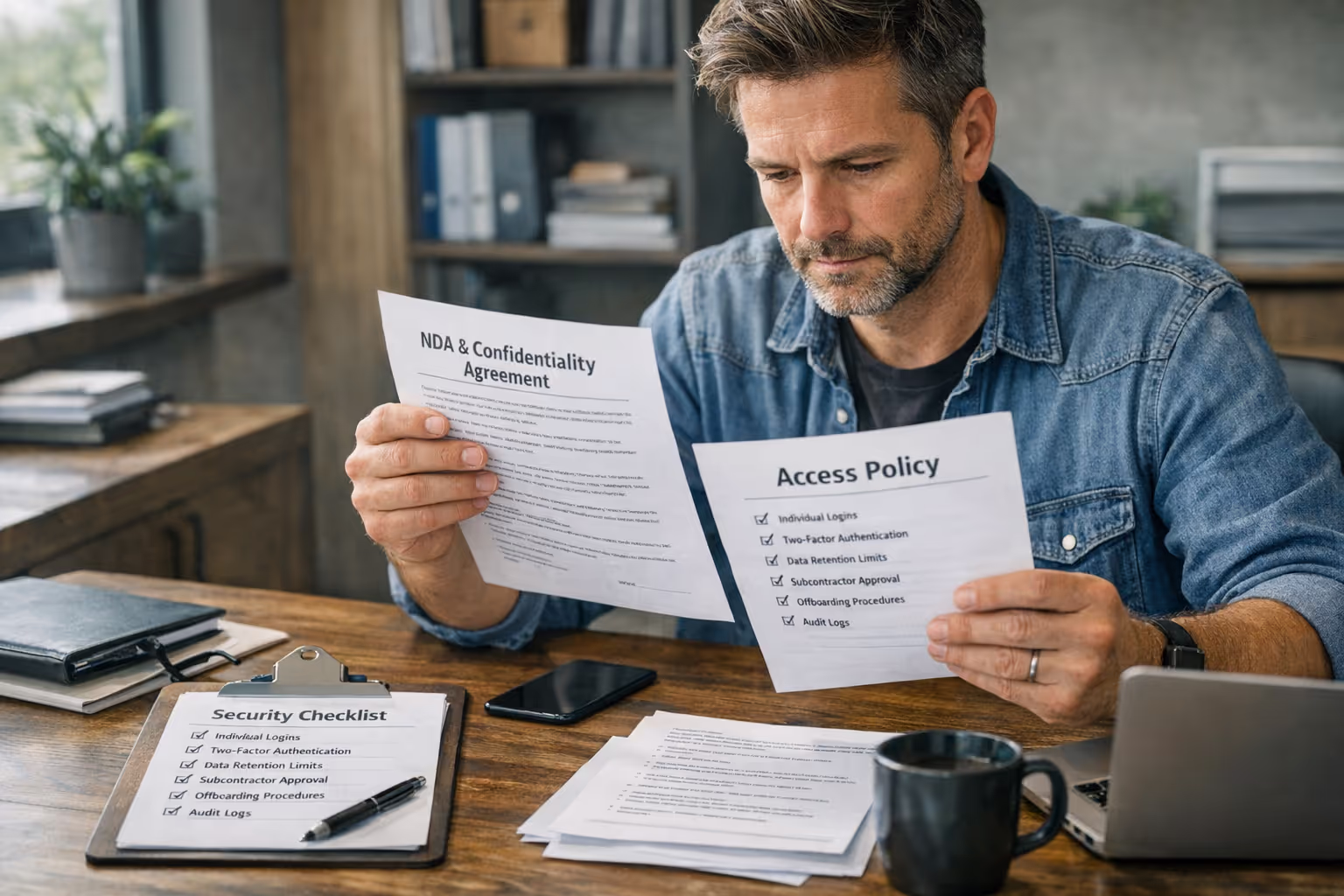 Business owner reviewing support NDA and access policy documents with security checklist on desk
