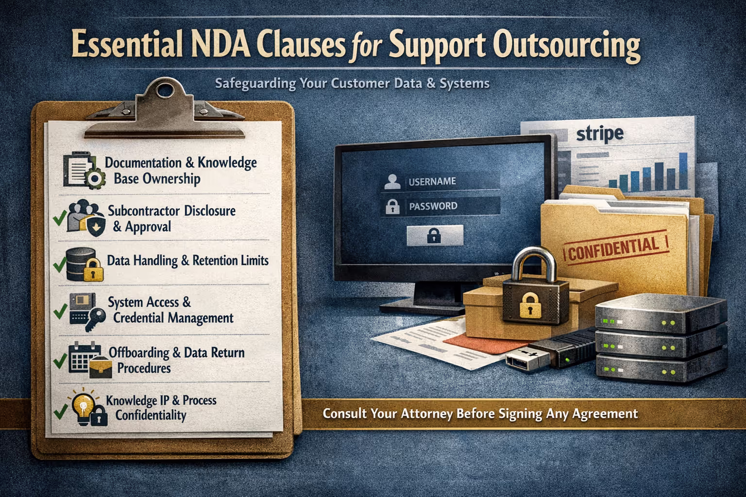 Six Essential Clauses for Support NDA and Access Policy Checklist showing six essential support NDA clauses including data handling and system access