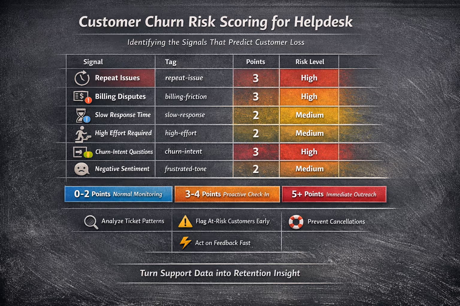 Customer Churn Prediction Risk Scoring System Table Customer churn prediction risk scoring table showing signal tags and point values for helpdesk
