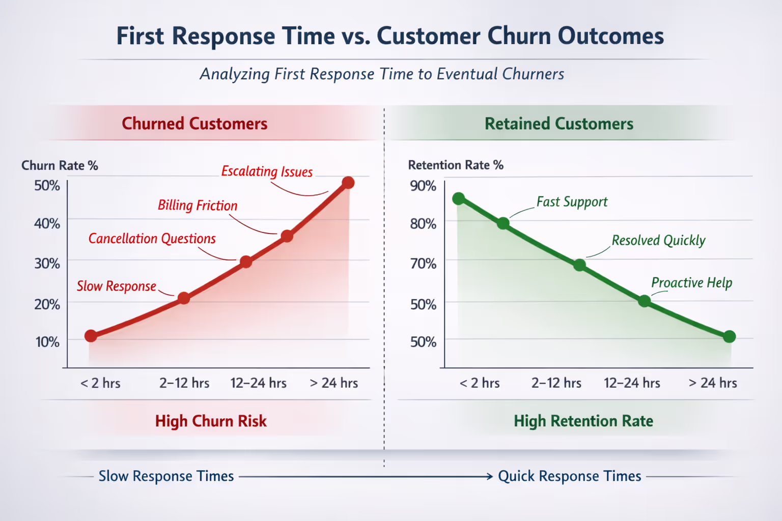 Customer Retention Analysis Comparing Response Time to Churn Rate Graph comparing first response time to customer churn prediction outcomes and retention rates