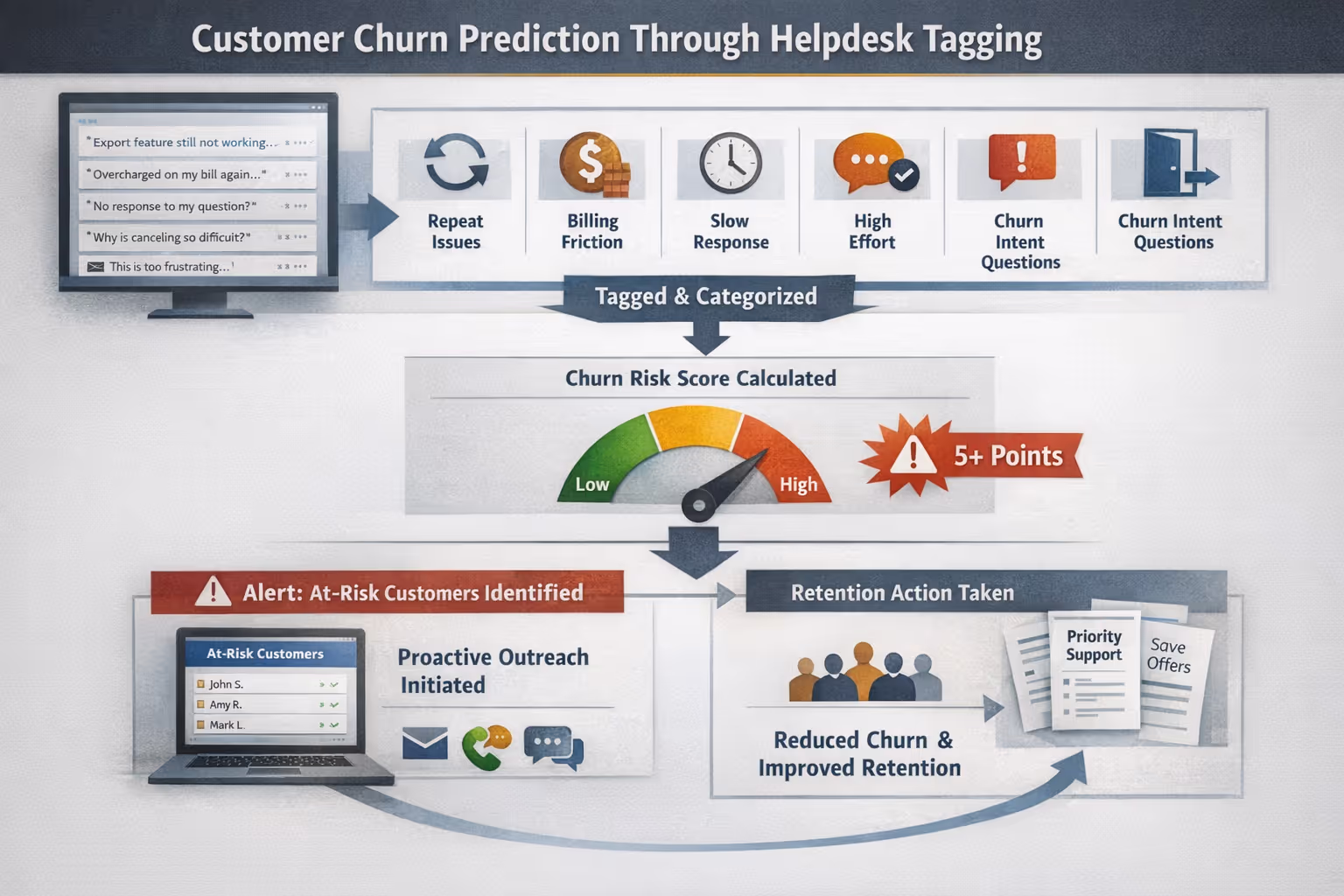 Helpdesk Tagging Workflow for Customer Churn Risk Detection Helpdesk tagging workflow showing customer churn prediction signal categorization process