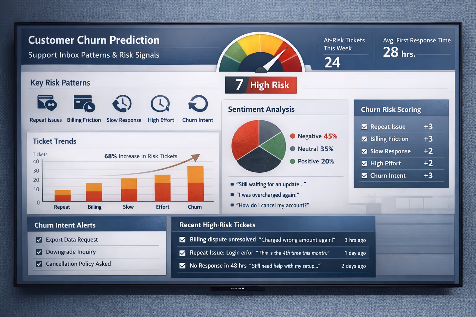 Customer churn prediction dashboard showing support inbox patterns and risk signals for retention analysis