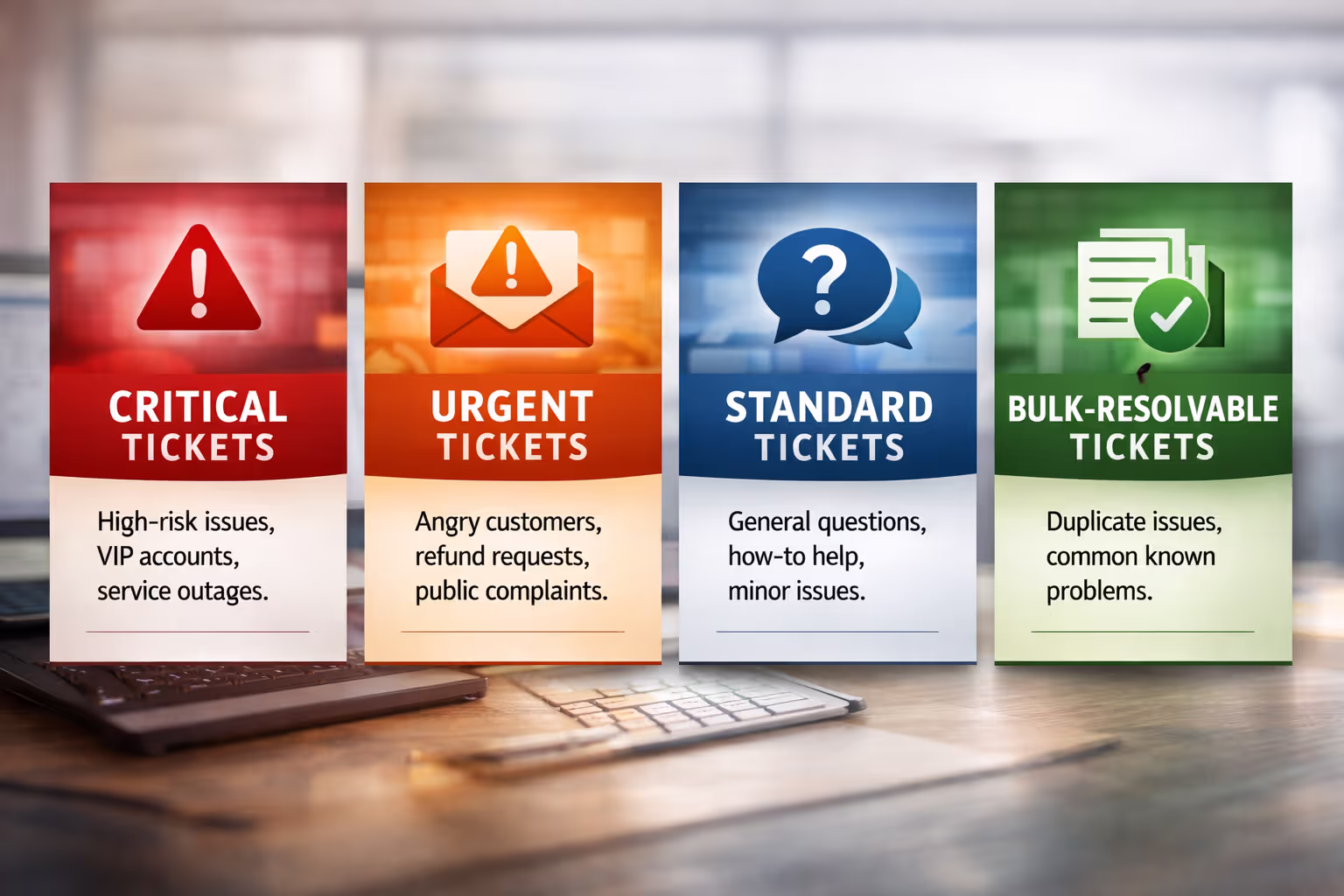 Customer Support Backlog Triage Categories and Priority Framework Four customer support backlog triage categories showing critical, urgent, standard, and bulk-resolvable tickets