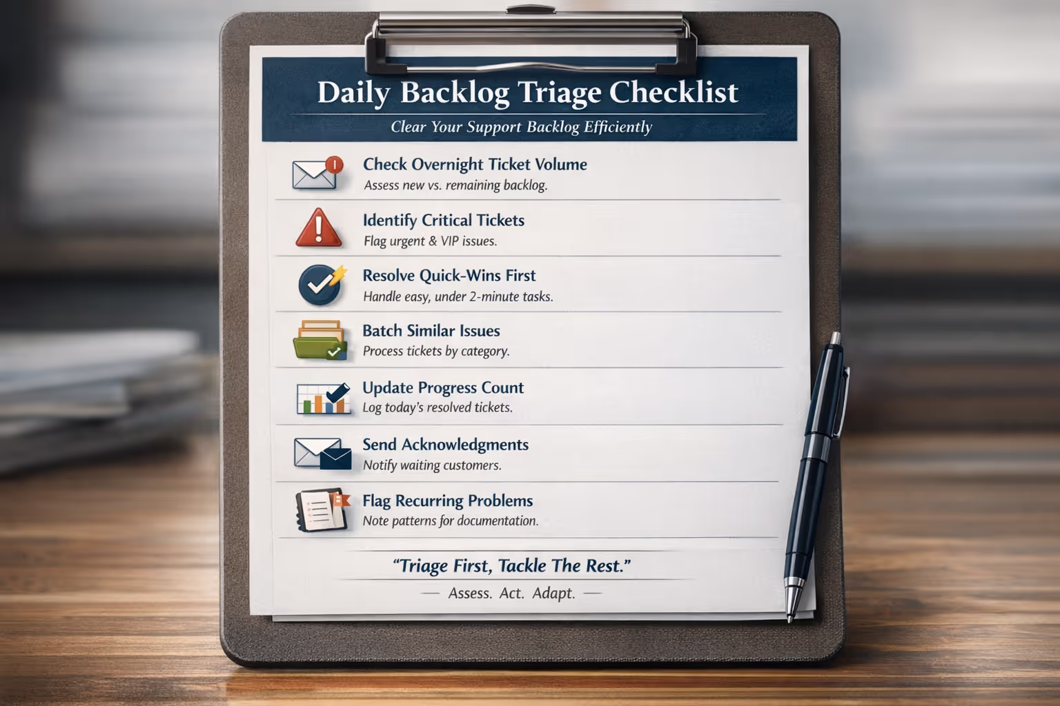 Daily Customer Support Backlog Triage Checklist for Recovery Checklist showing daily tasks for managing and clearing customer support backlog efficiently