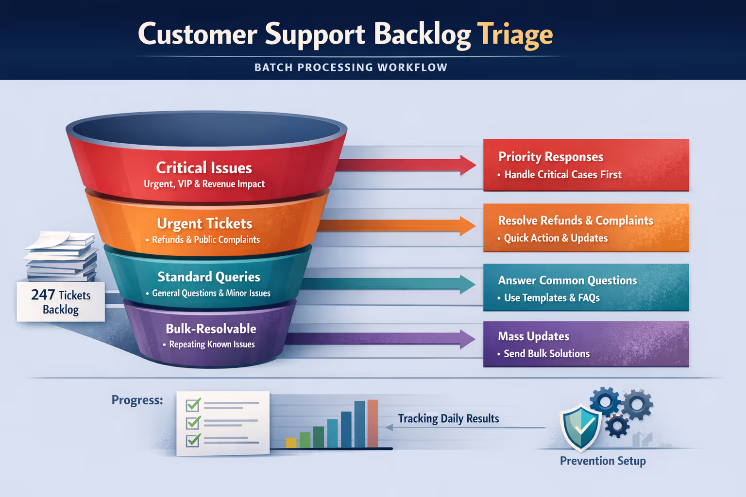 Support Ticket Batching and Context Switching Workflow Workflow diagram showing customer support backlog tickets grouped by category for batch processing