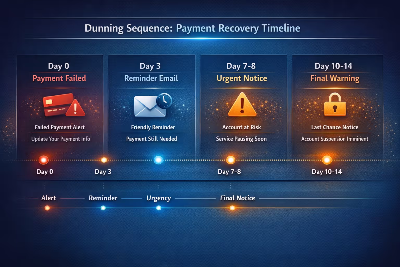 Failed Payment Dunning Timeline for SaaS Billing Support SaaS billing support dunning sequence timeline showing payment recovery communications