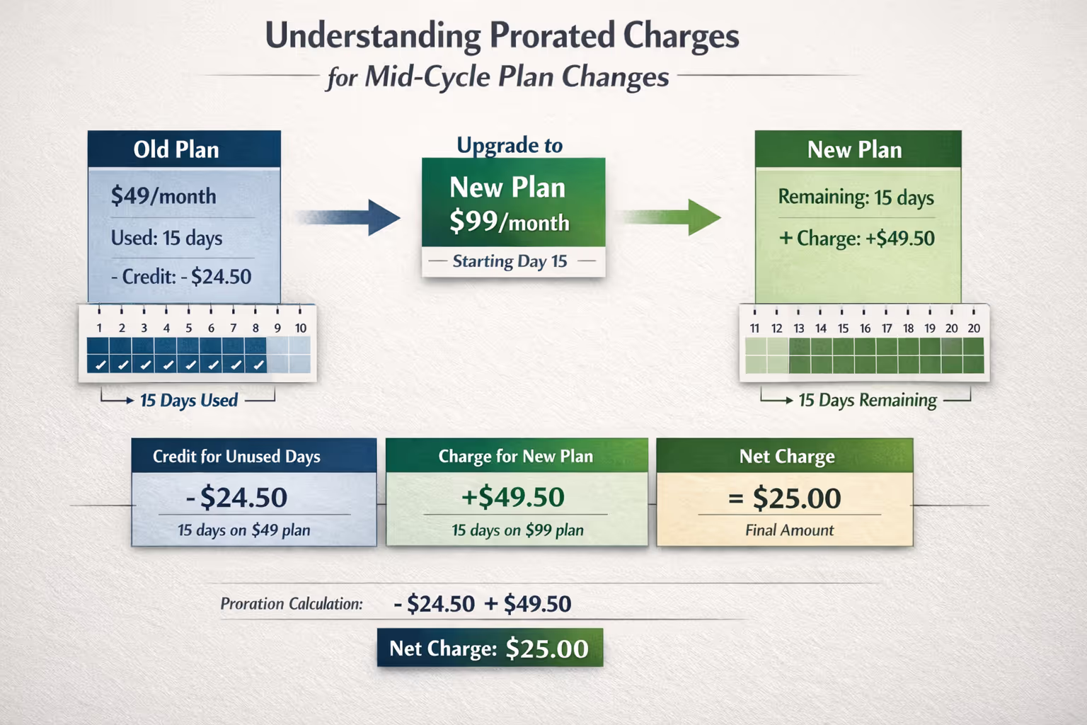Proration Calculation Breakdown for SaaS Billing Support Visual breakdown of SaaS billing support proration calculation for mid-cycle plan changes