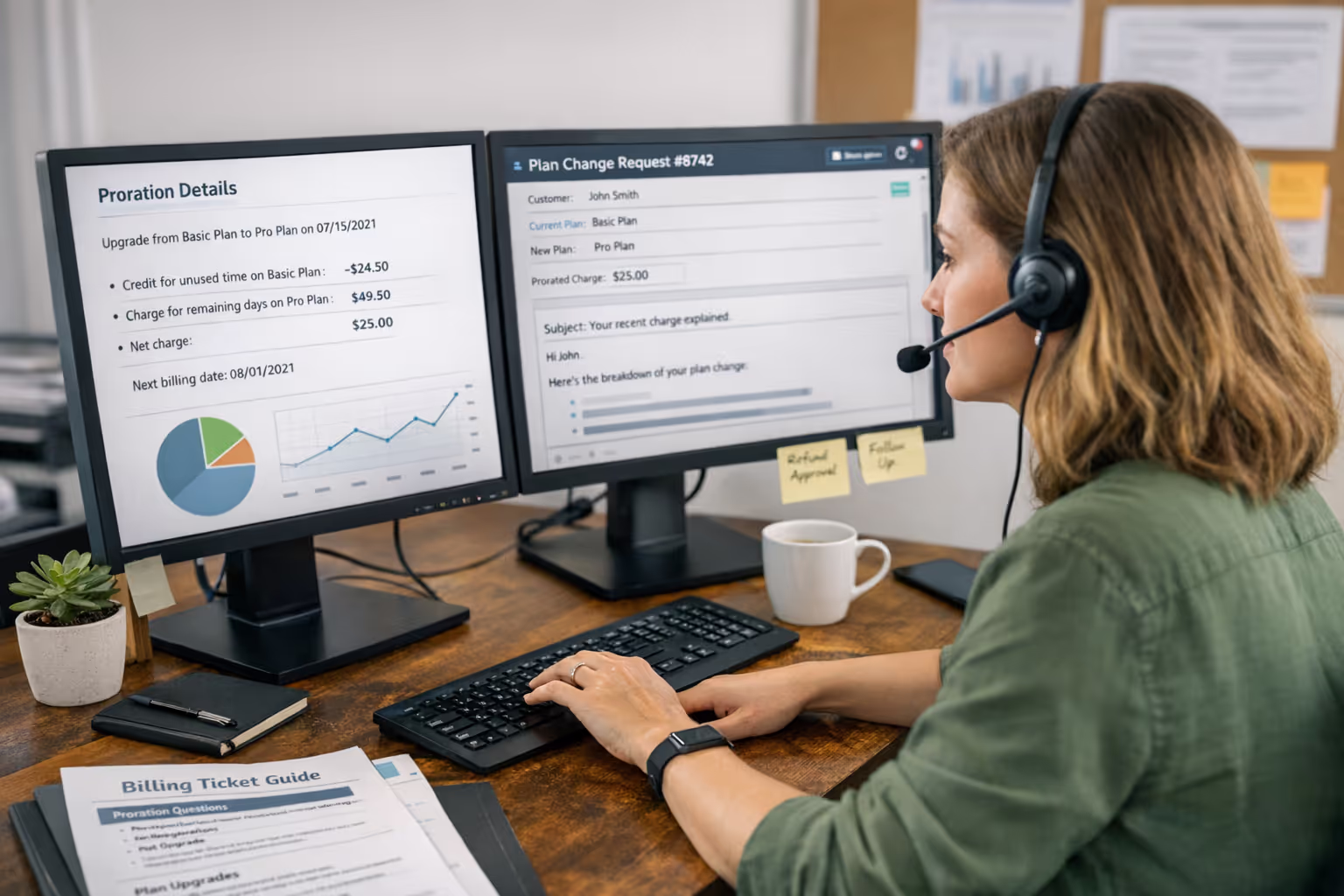 SaaS billing support team member reviewing subscription proration and plan change requests on computer