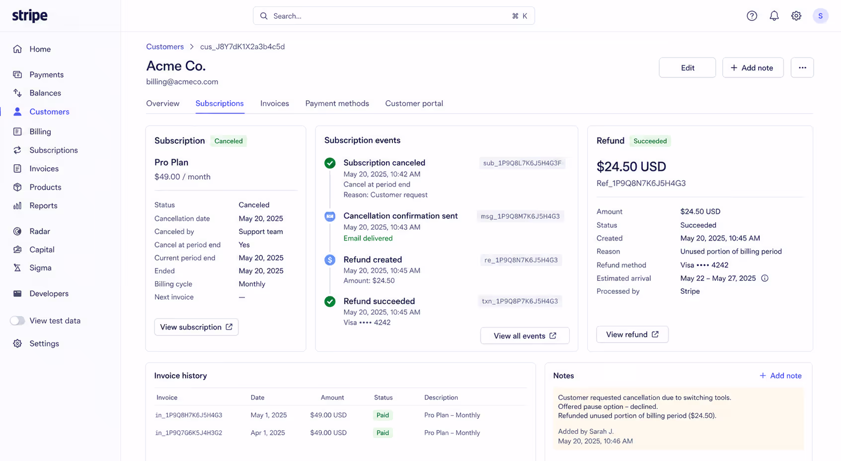 Subscription Refund Confirmation in Billing Platform Screenshot showing subscription cancellation compliance refund processing in billing platform dashboard