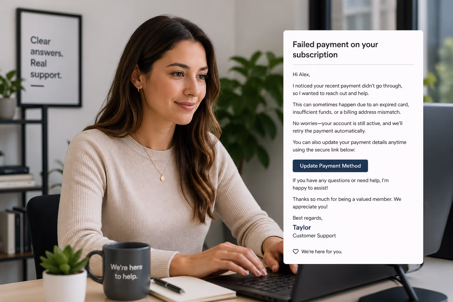 Customer support representative responding to failed payment emails to recover subscription revenue