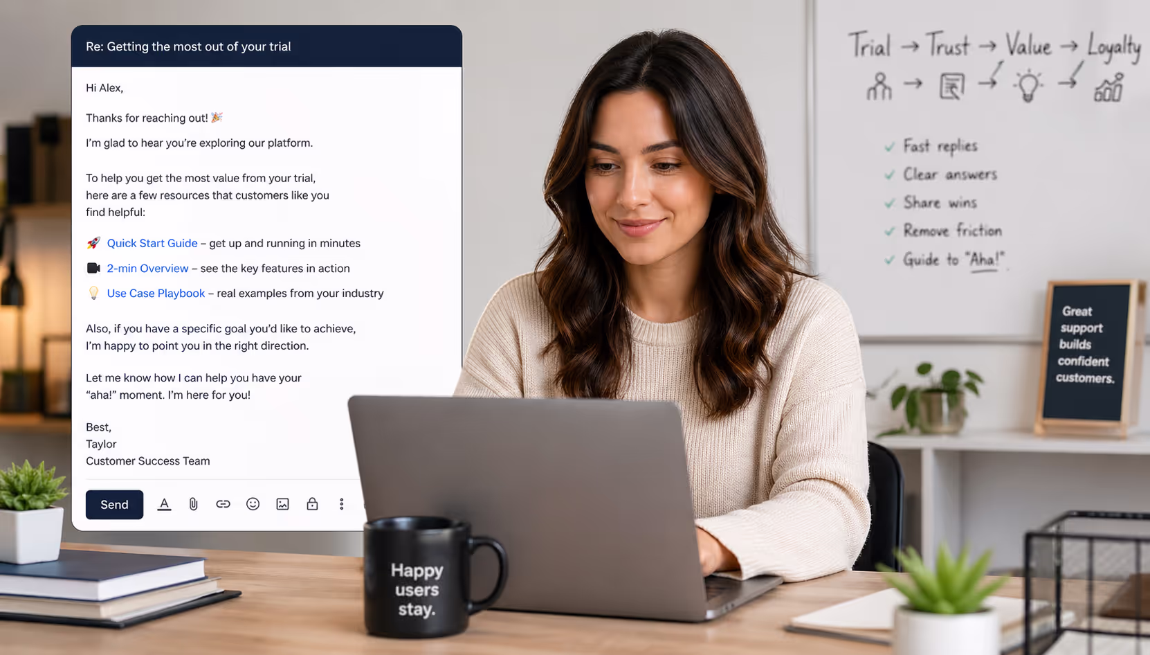 SaaS free trial support team member responding to trial user emails with conversion-focused strategies