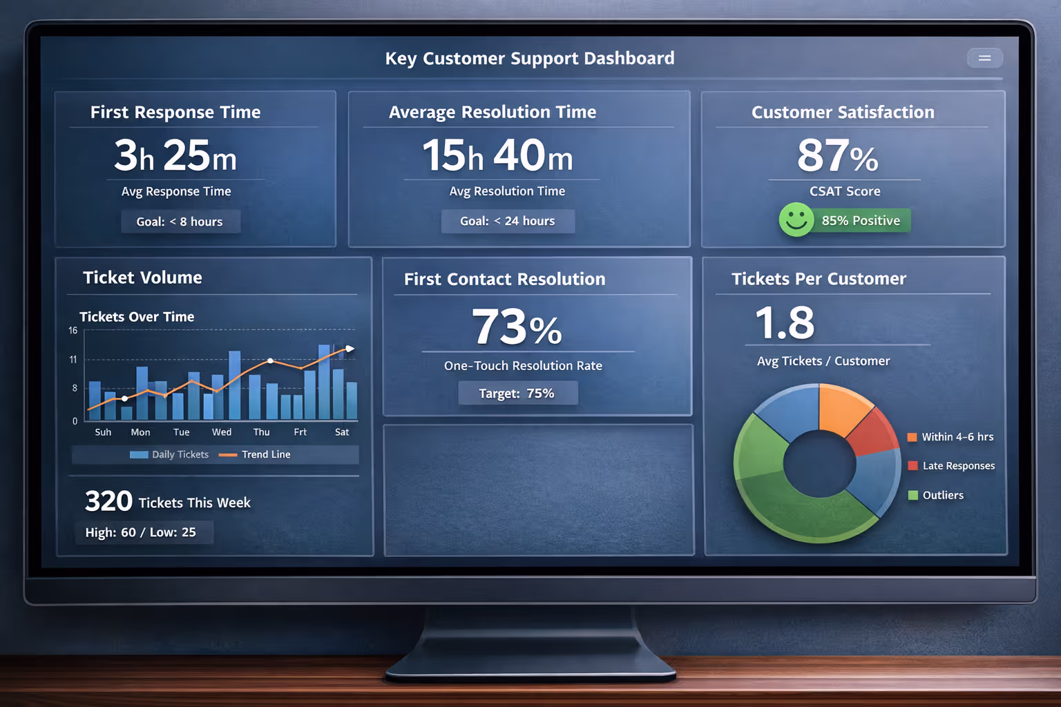 Dashboard displaying customer support metrics and KPIs for small support teams