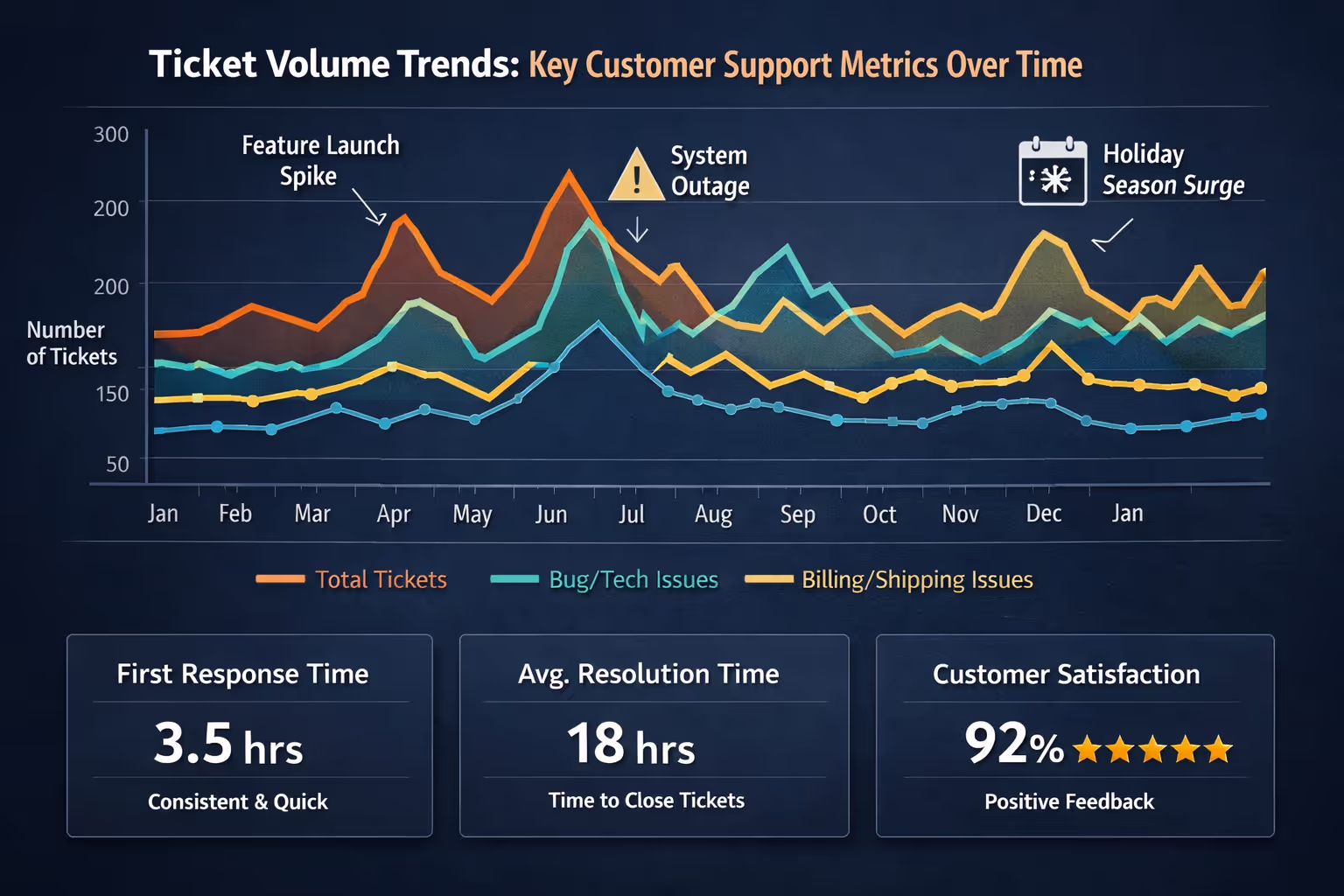 Support Ticket Volume Trends and Pattern Analysis Graph showing ticket volume trends as key customer support metrics over time