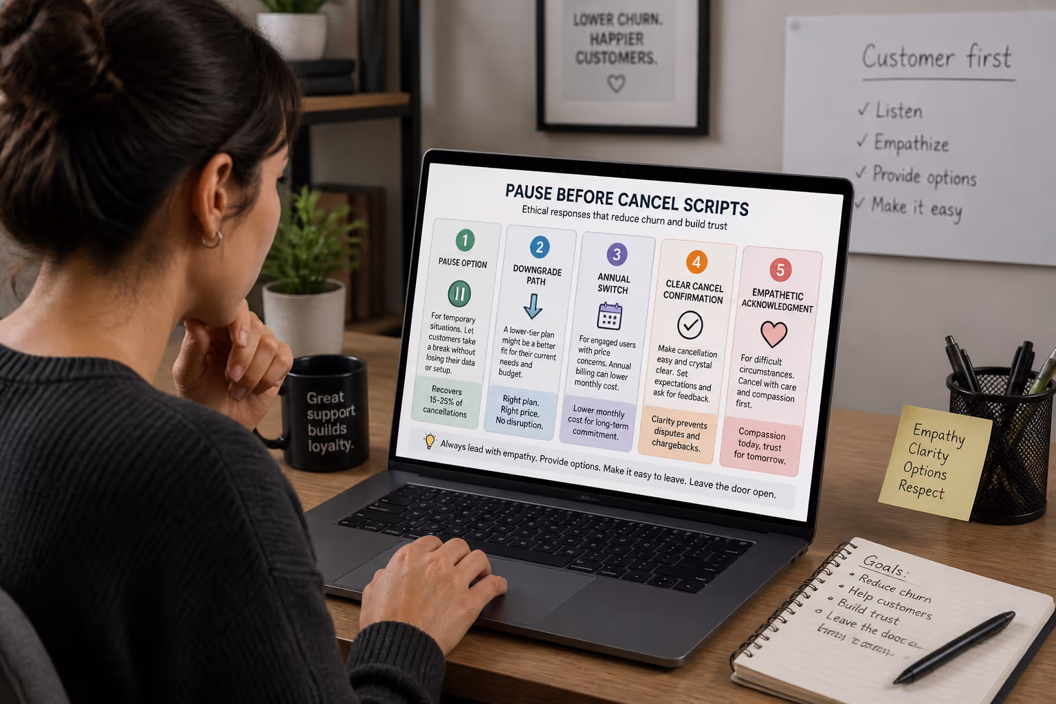 Support team member reviewing pause before cancel scripts on laptop to reduce subscription churn