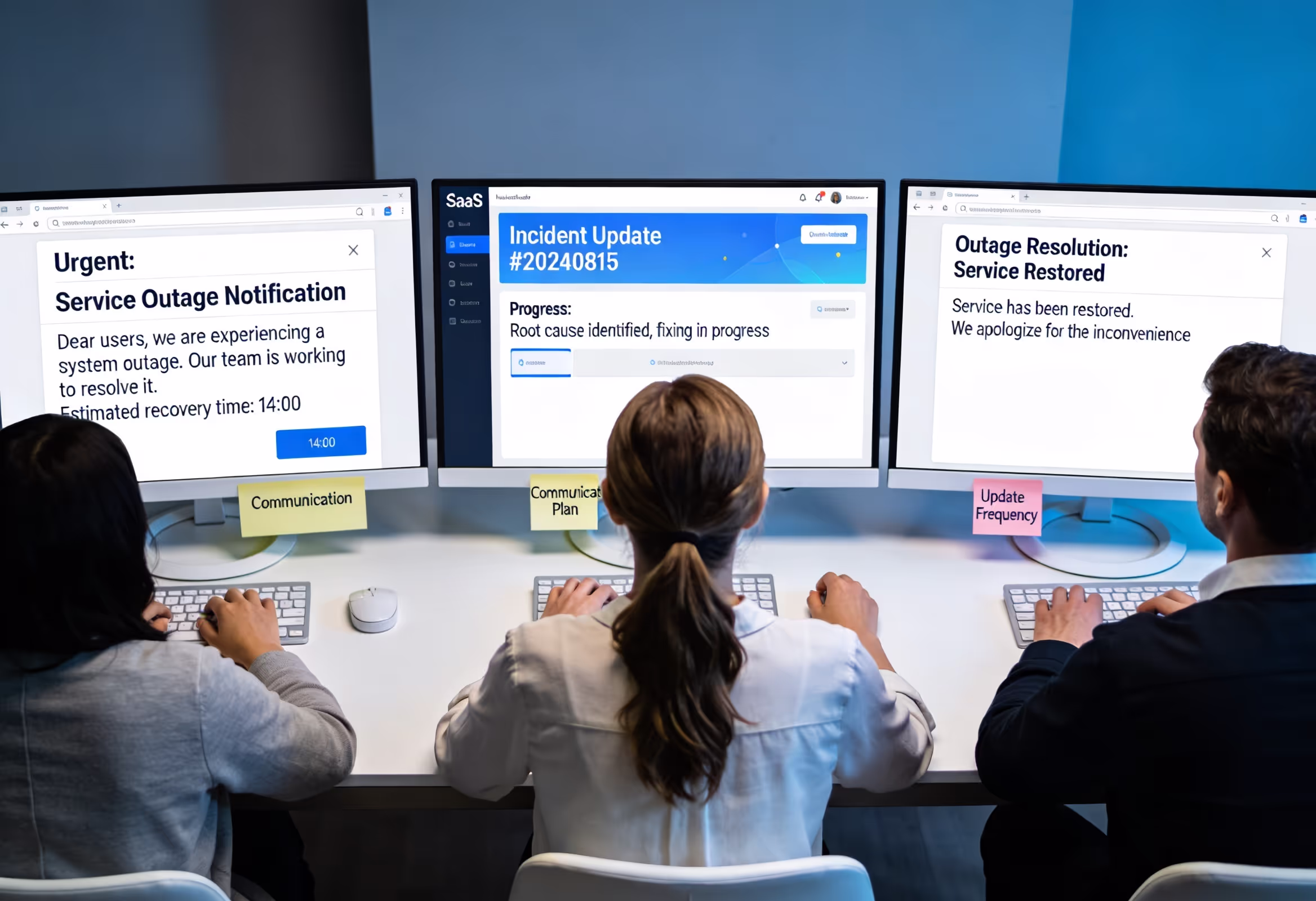 SaaS outage communication managing emails and incident updates on computer screens