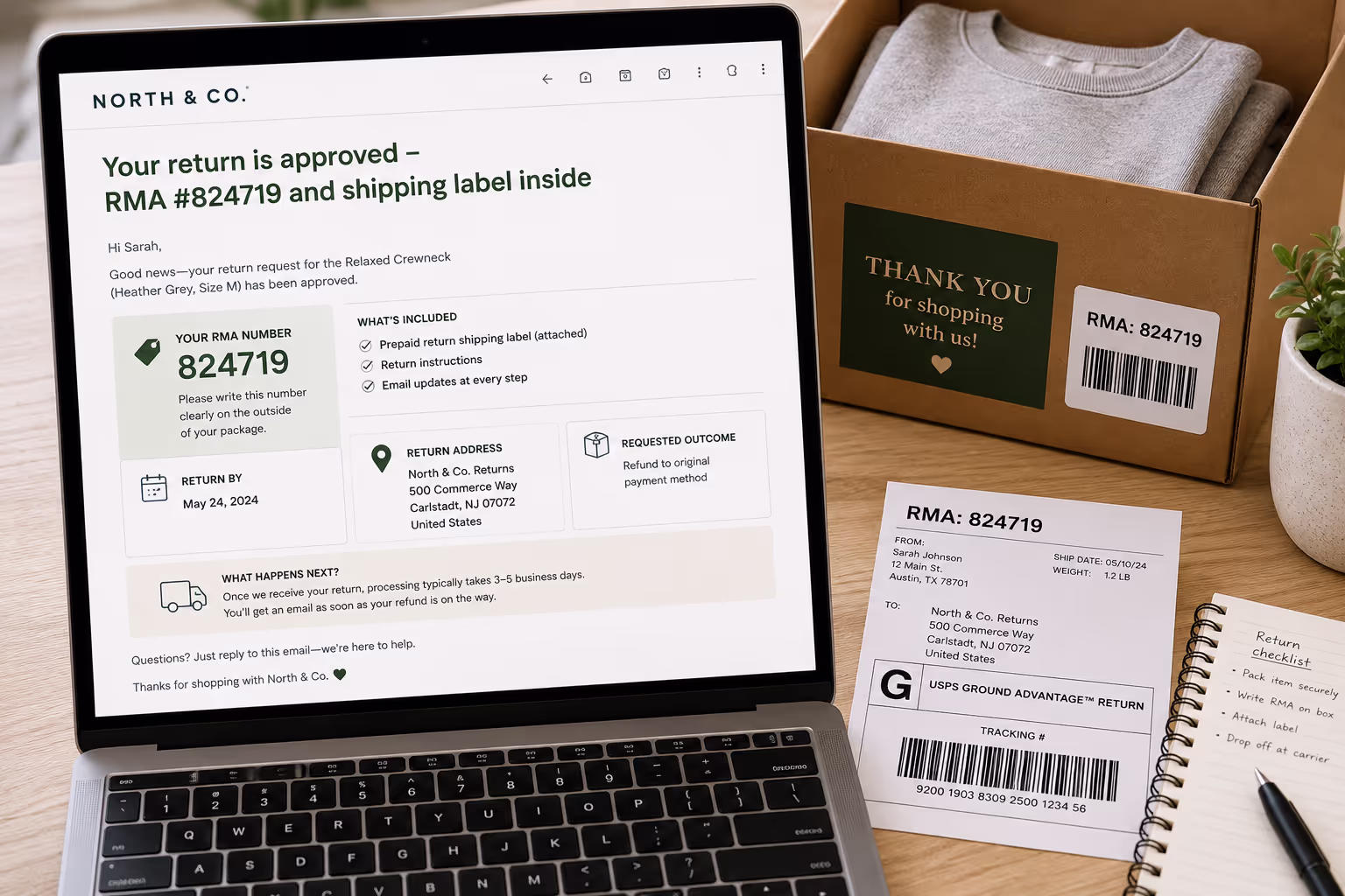 Example email template for RMA number assignment and return label delivery in returns workflow