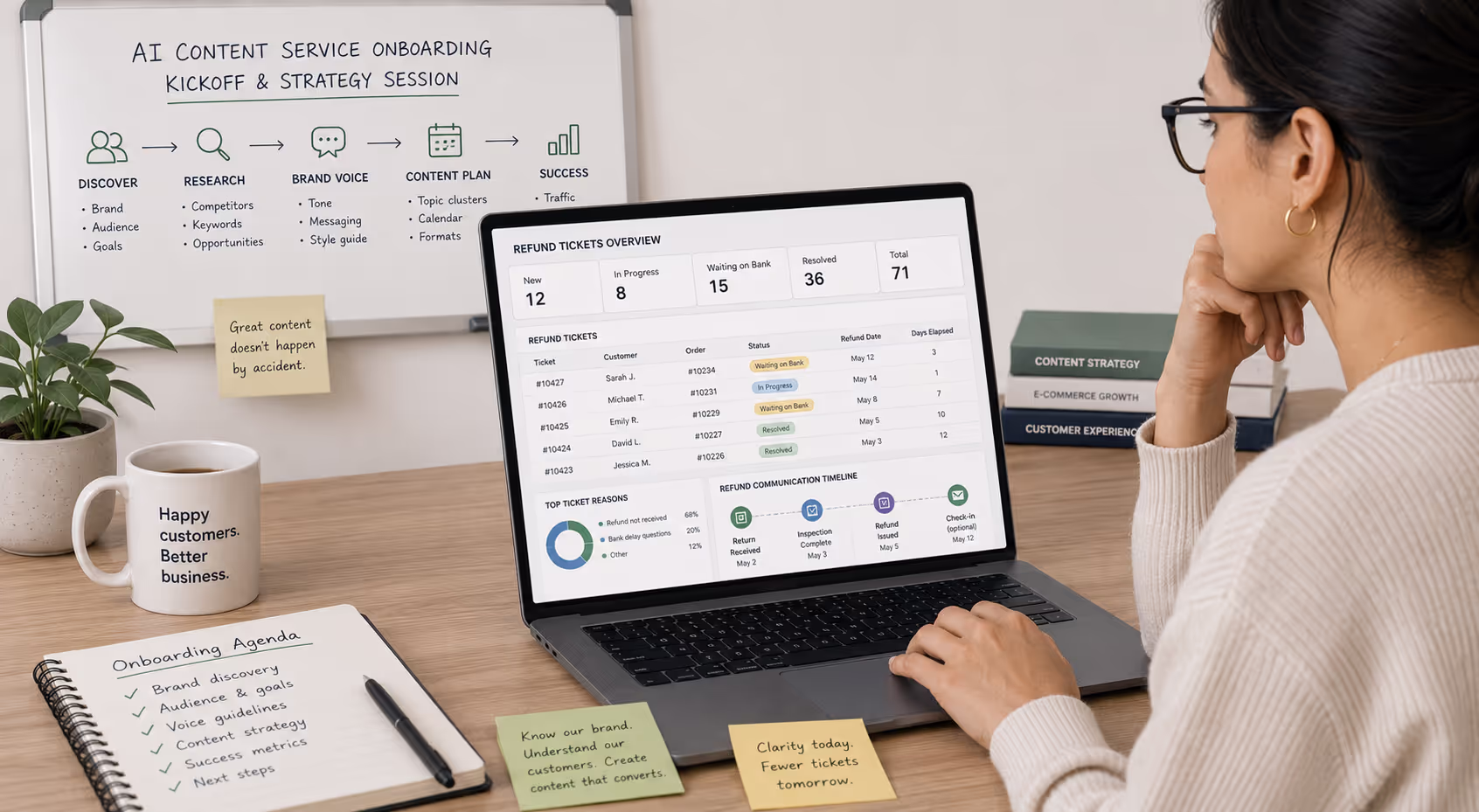 Store owner reviewing refund status shopify refund status tickets and customer communication timeline on laptop
