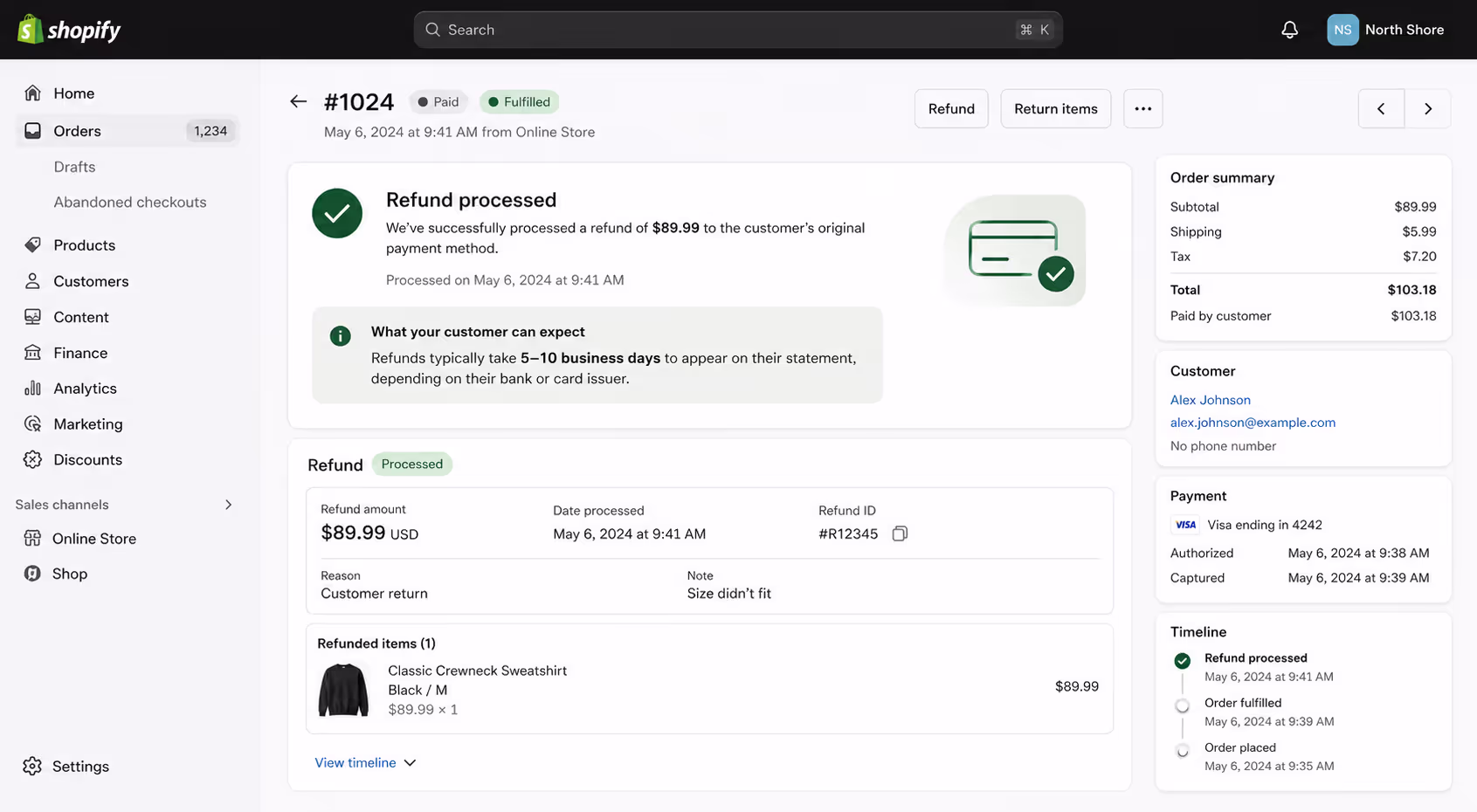 Shopify admin panel showing refund status and processing confirmation for customer order