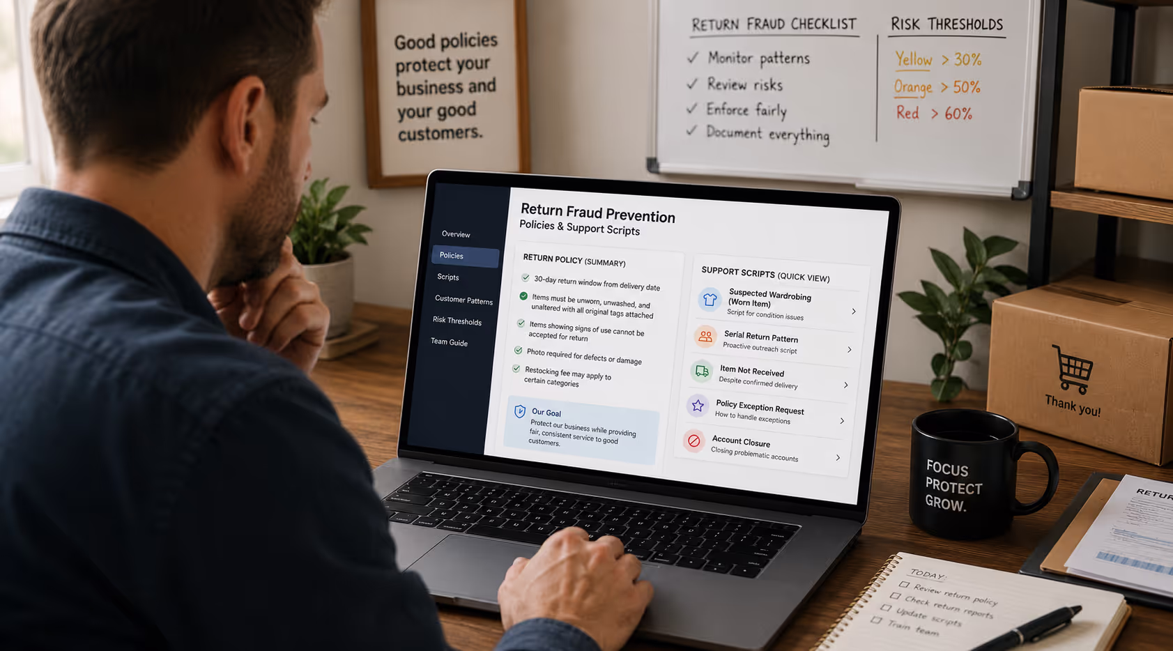 E-commerce business owner reviewing return fraud prevention policies and customer support scripts on laptop