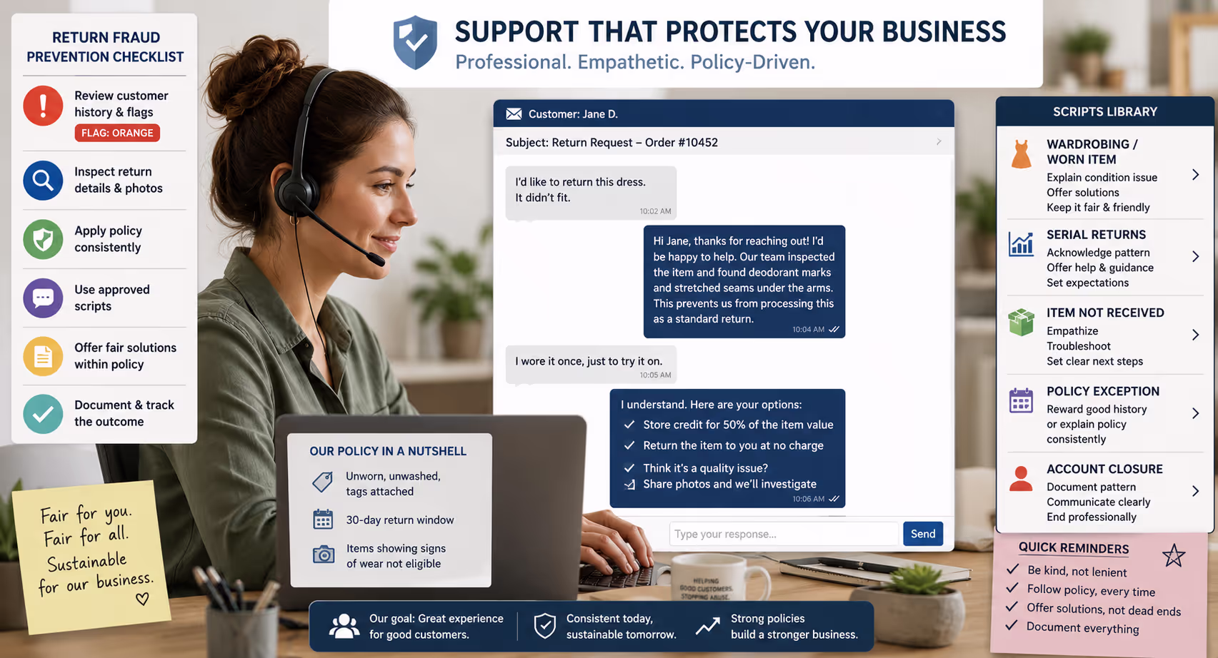 Customer Support Team Enforcing Return Fraud Prevention Policies Train support teams on return fraud prevention with consistent enforcement frameworks