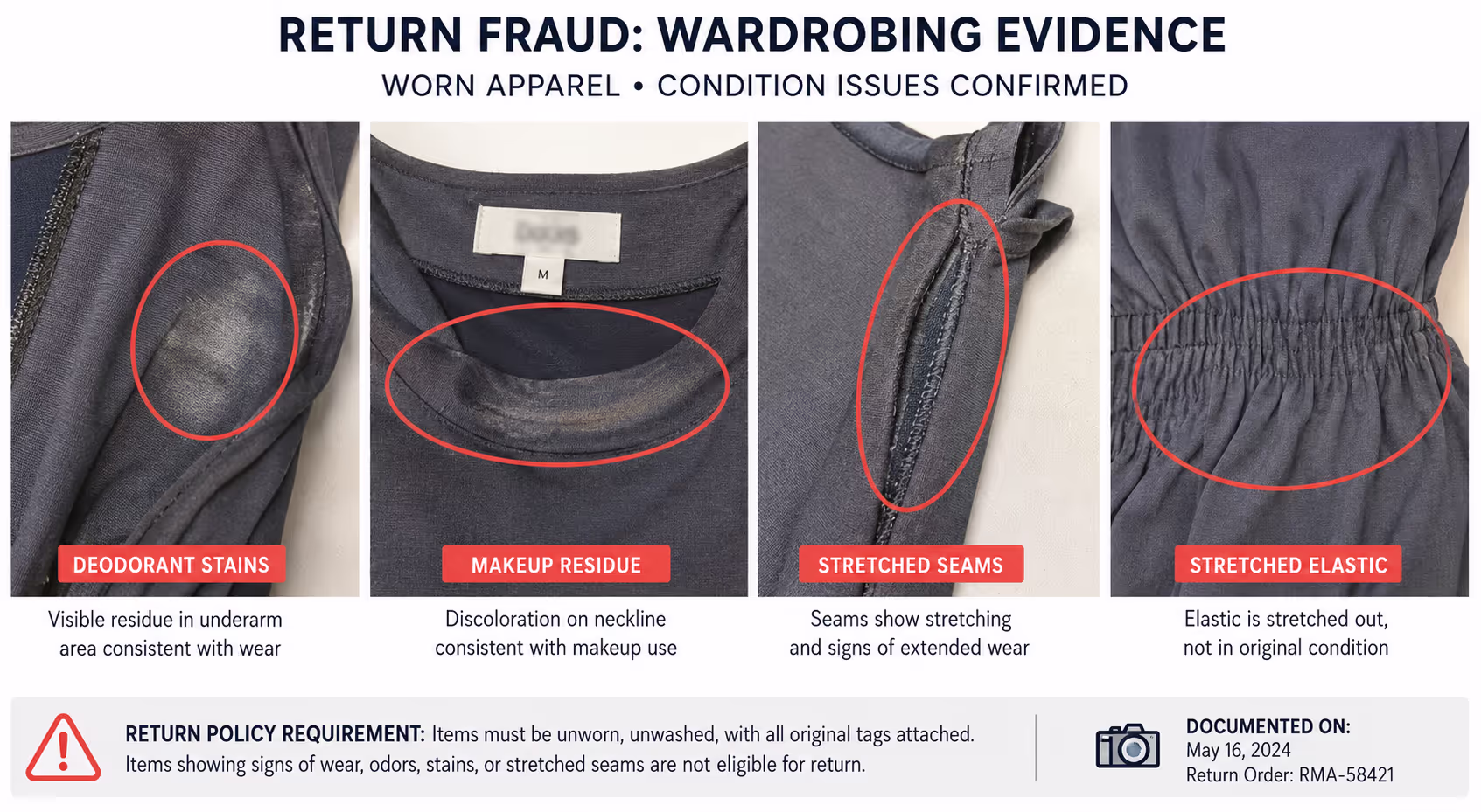 Wardrobing Evidence Documentation for Worn Returned Items Documentation of return fraud wardrobing showing worn clothing with deodorant stains and stretched seams