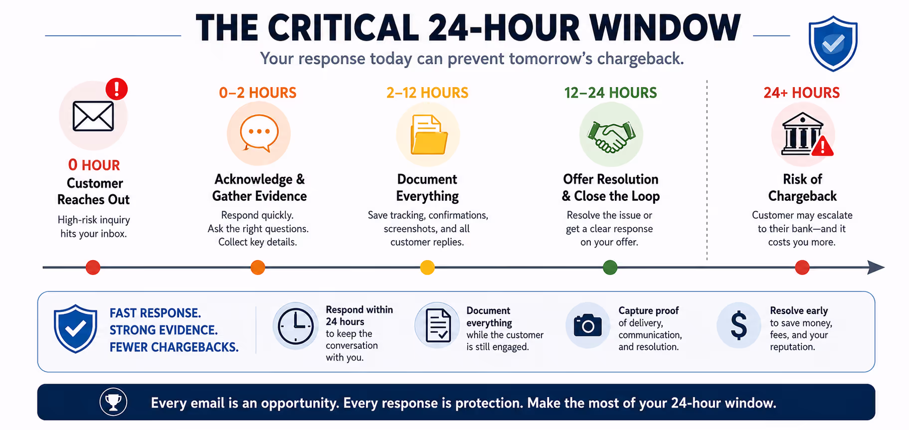 Customer Support Response Timeline for Chargeback Prevention Timeline showing critical 24-hour response window for ecommerce chargeback prevention