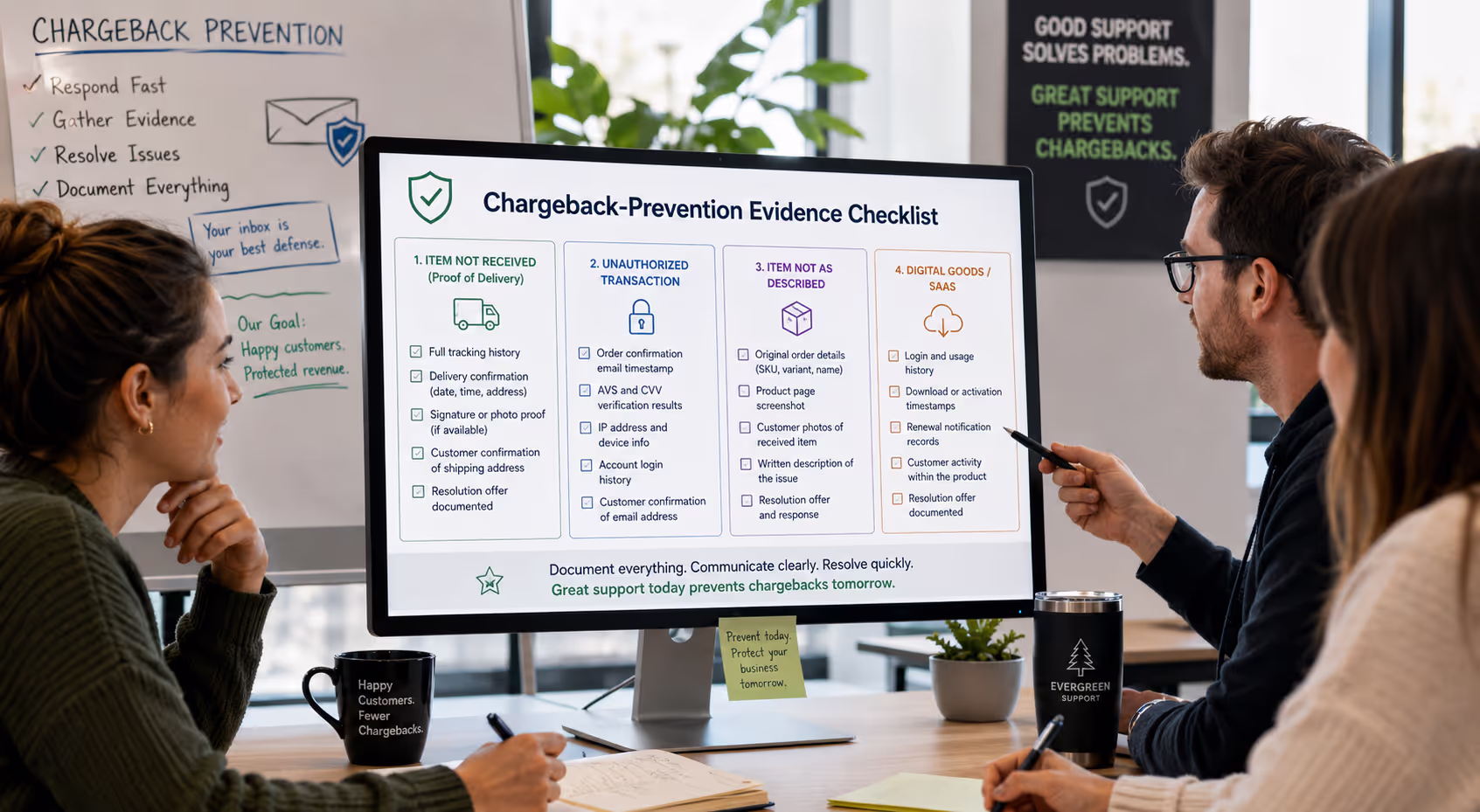 Support team reviewing Ecommerce chargebacks, prevention evidence checklist on computer screen