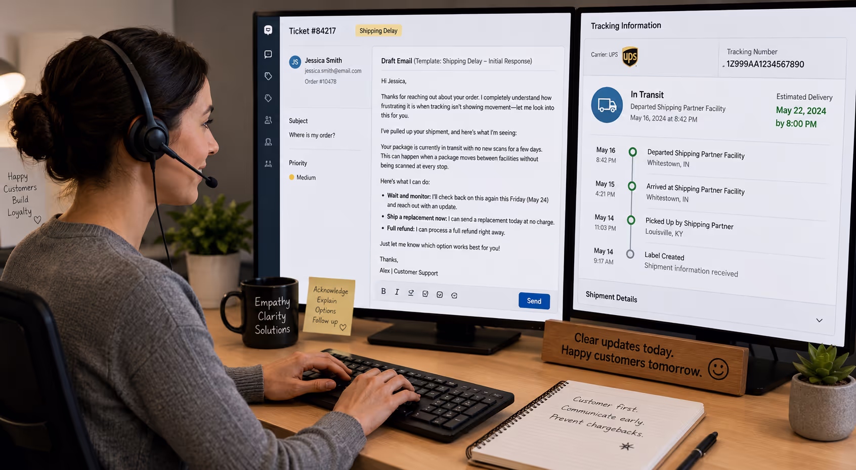 Customer Service Representative Writing Shipping Delay Support Email Customer support agent writing shipping delay email template with tracking information on screen