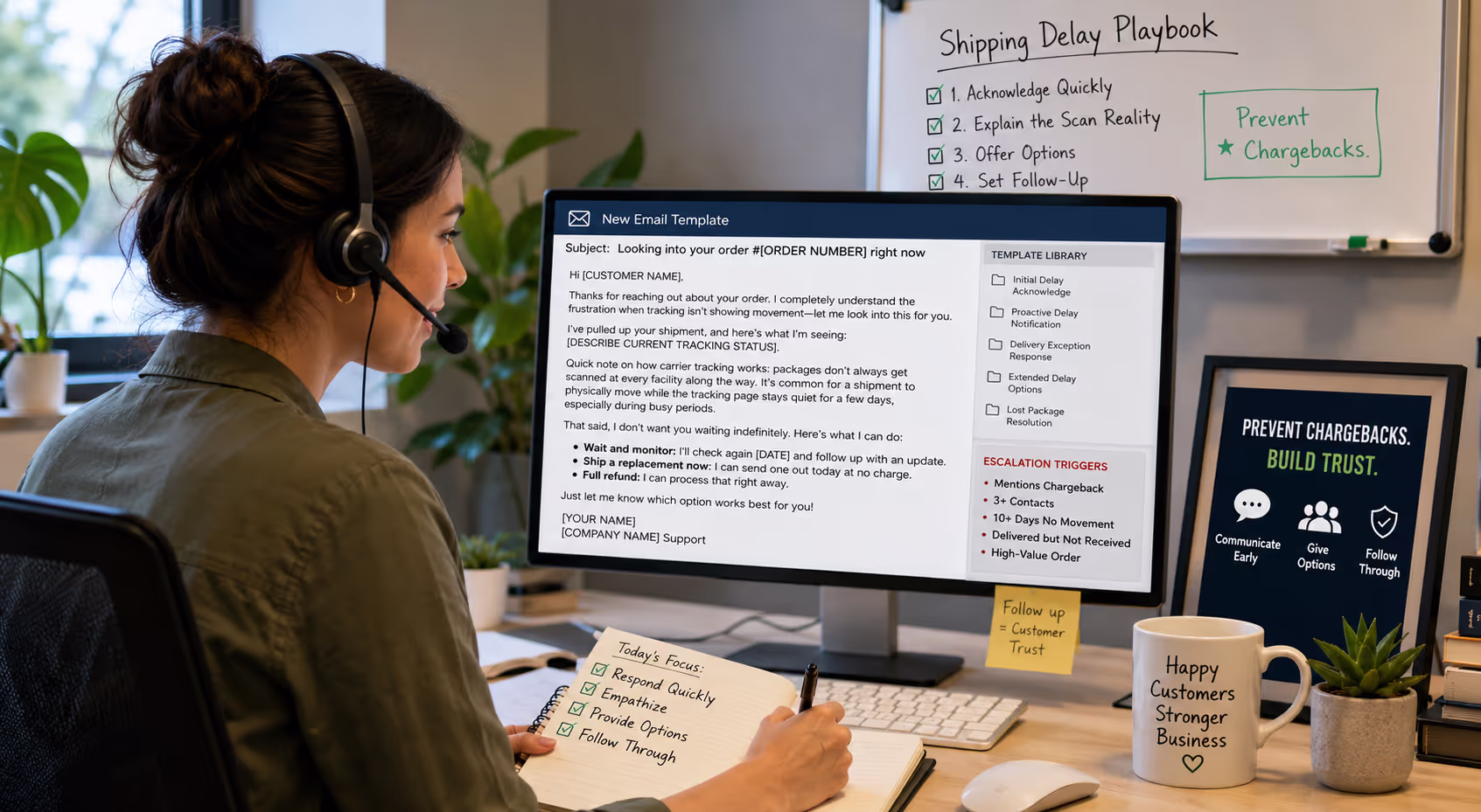 Customer service representative writing shipping delay email templates at computer to prevent chargebacks