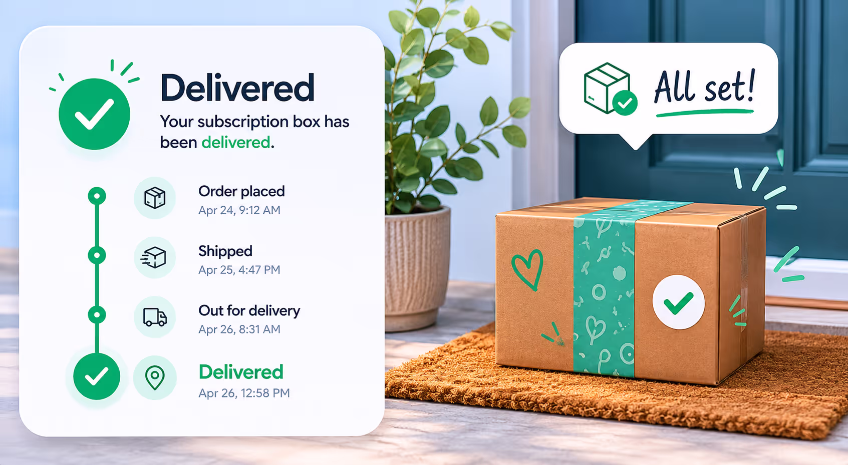 Subscription Box Package Tracking Delivered Status Package tracking screen showing delivered status for subscription box customer support resolution