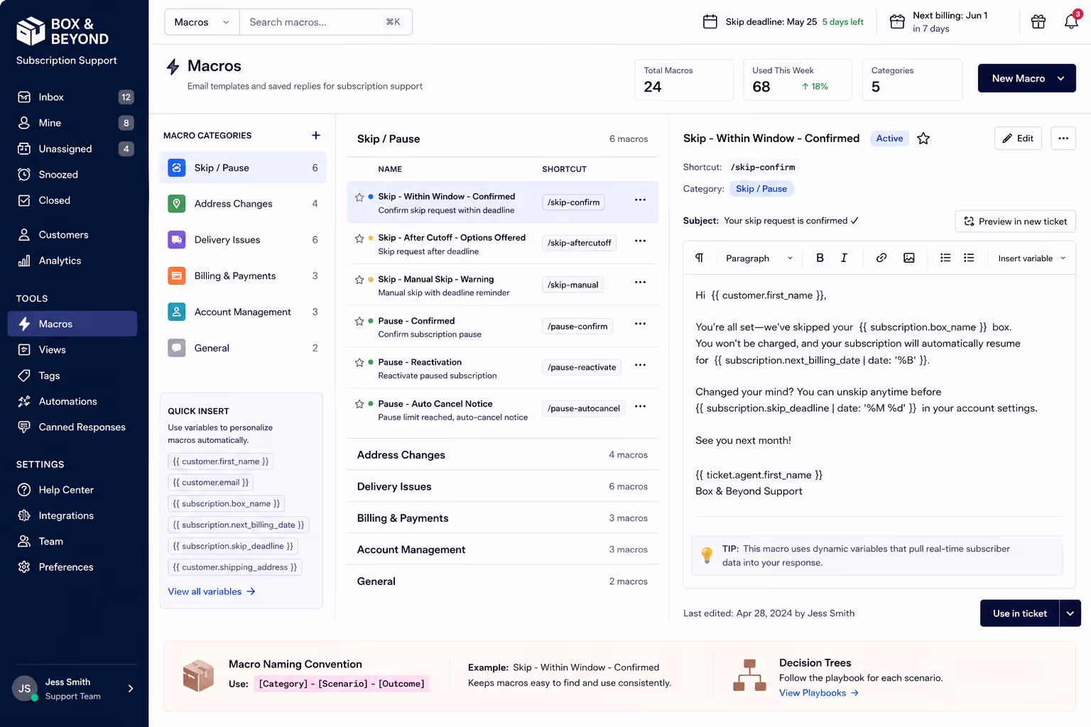 Subscription Box Customer Support Email Templates in Helpdesk Helpdesk dashboard showing subscription box customer support email templates and macros
