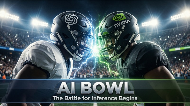 Super Bowl–style image of OpenAI versus Nvidia, with two football players in full gear clashing at midfield as powerful electrical energy explodes between their helmets, representing the AI Battle